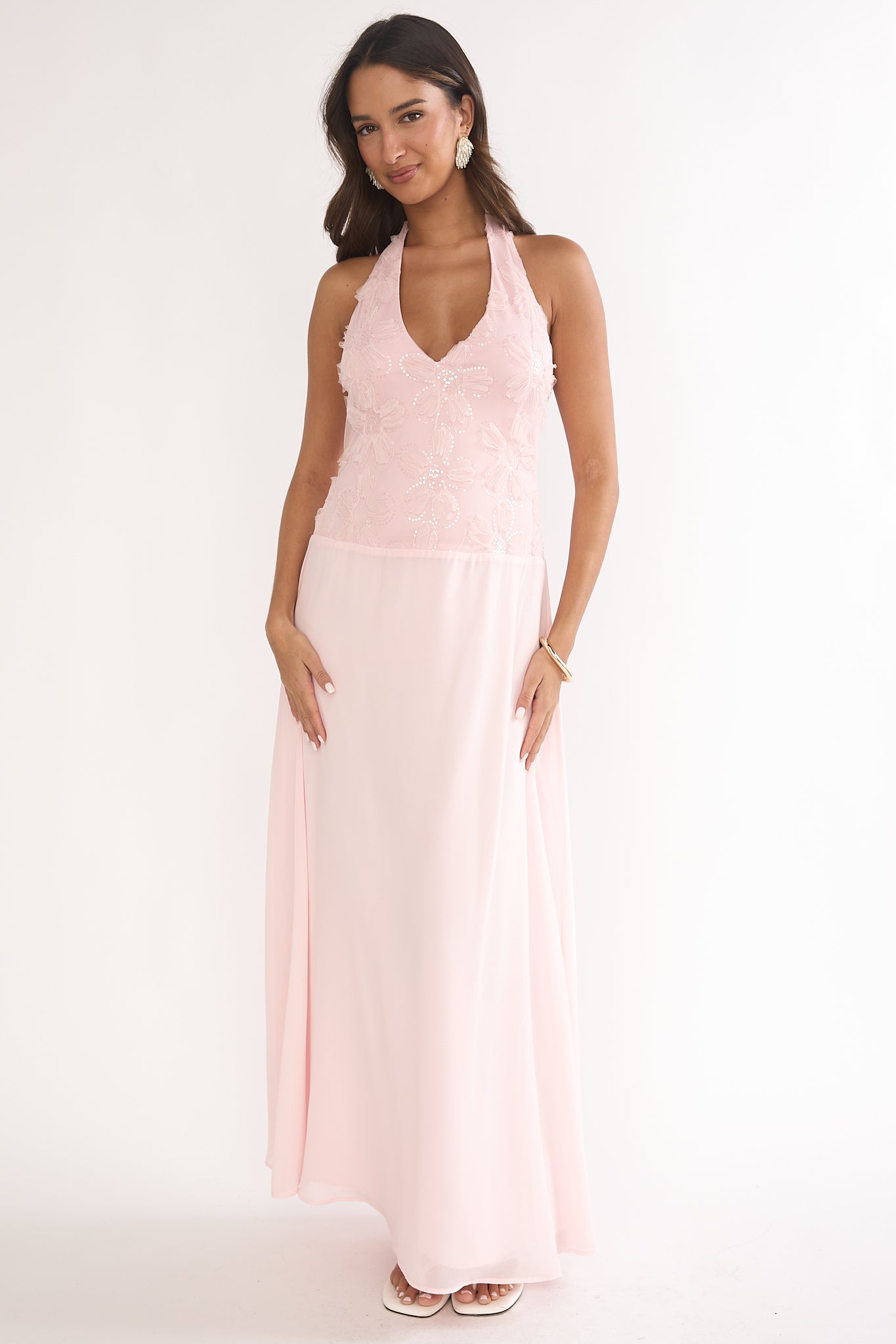 Blushing Belle Embellished Halter Maxi Dress Blush by Selfie Leslie