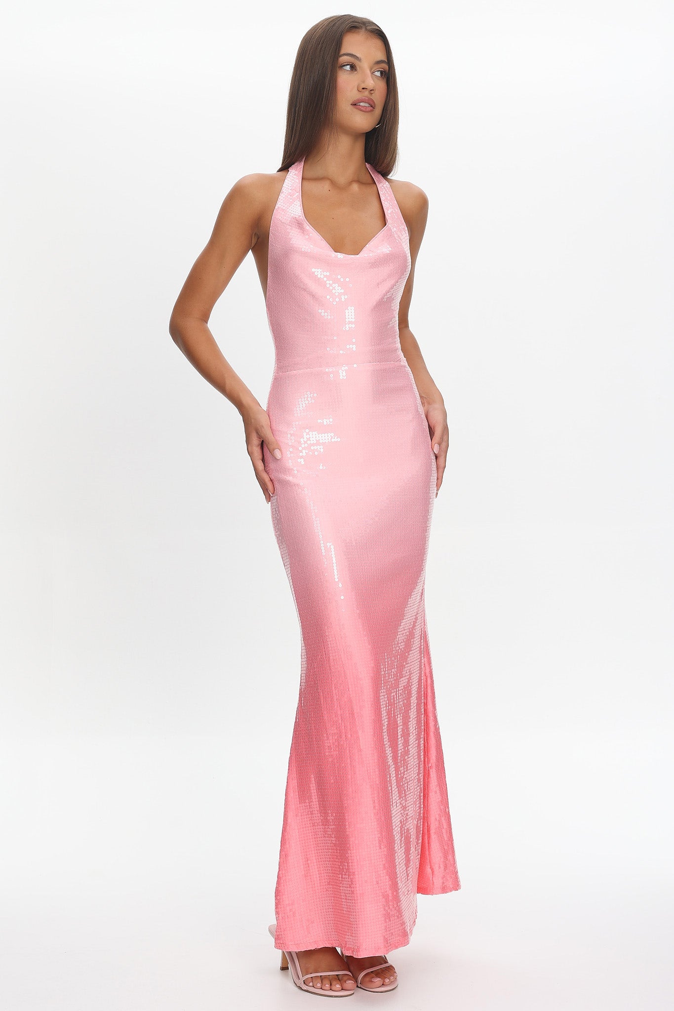 Koral Halter Sequin Maxi Dress Gradient Pink by Selfie Leslie