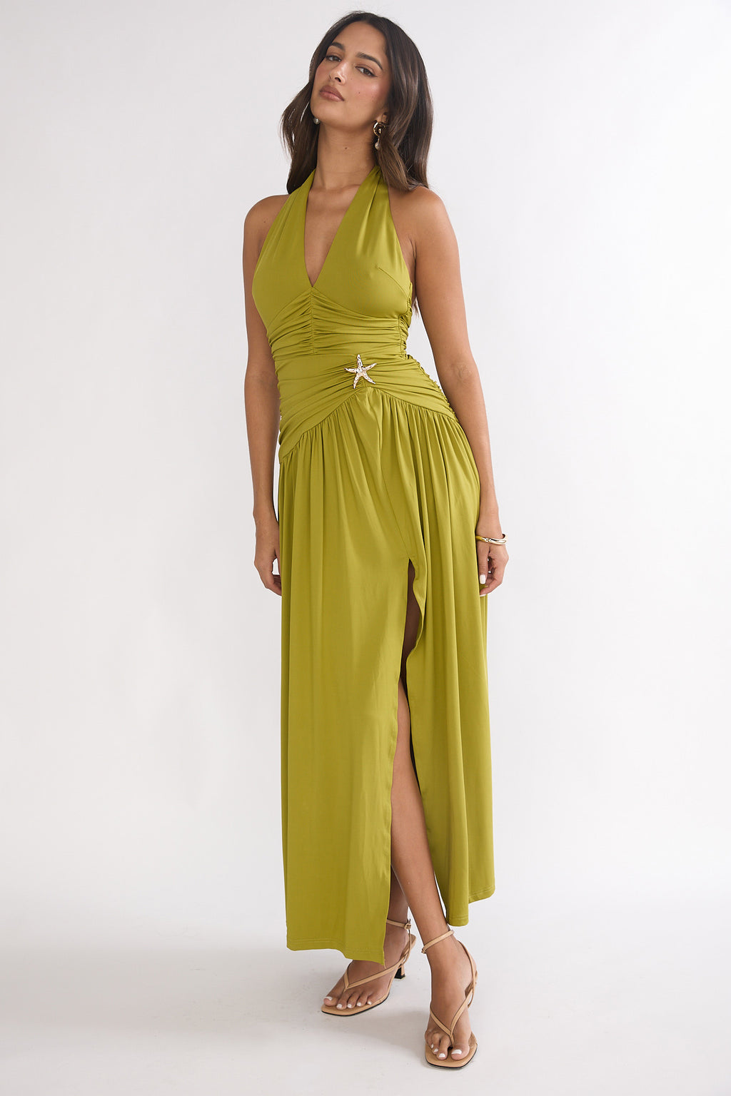 Nightbloom Ruched Waist Halter Maxi Dress Olive by Selfie Leslie