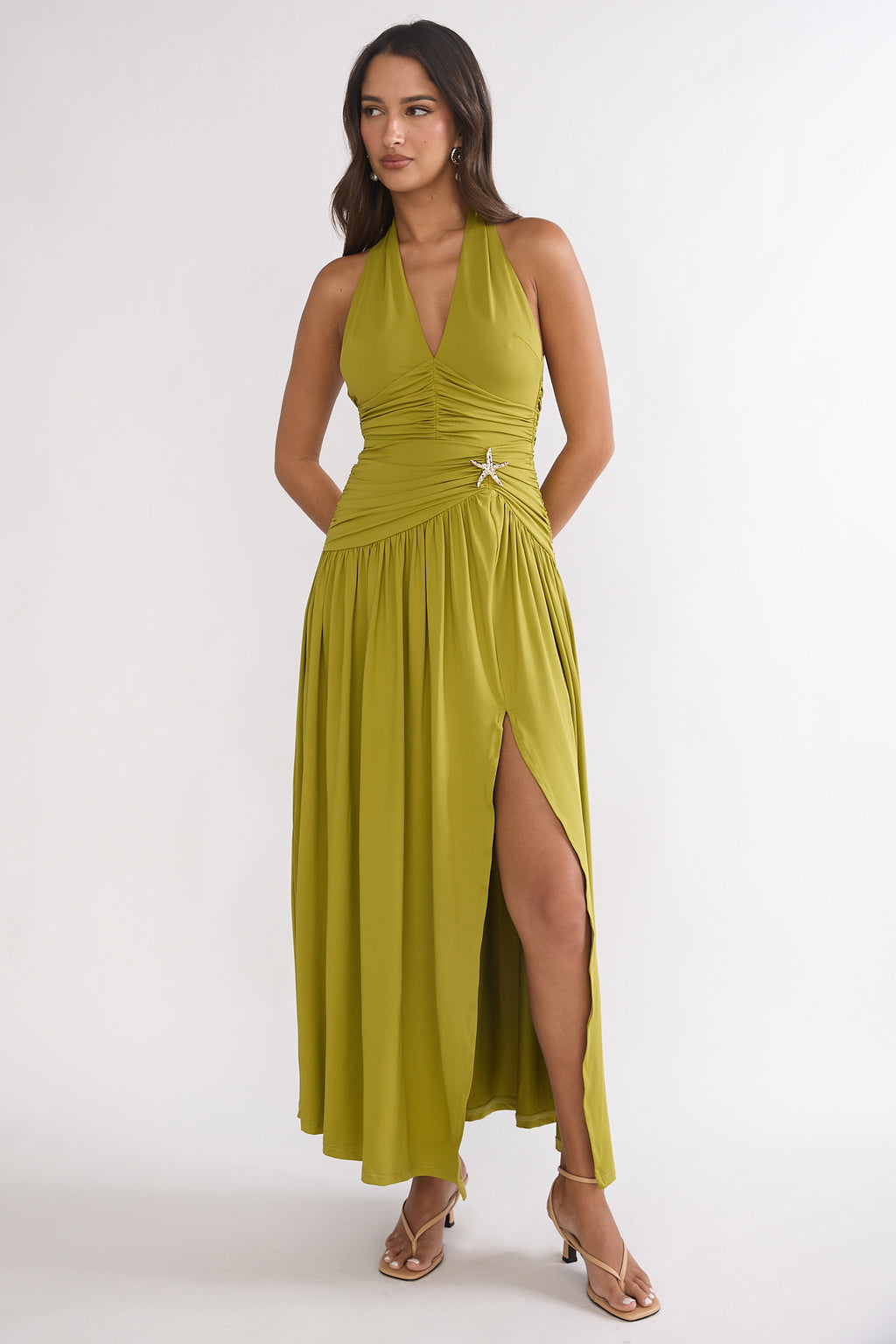 Nightbloom Ruched Waist Halter Maxi Dress Olive by Selfie Leslie