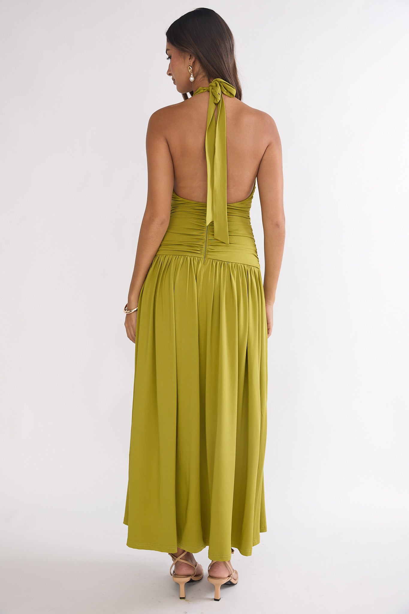 Nightbloom Ruched Waist Halter Maxi Dress Olive by Selfie Leslie