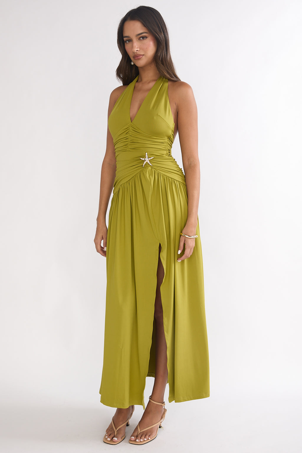 Nightbloom Ruched Waist Halter Maxi Dress Olive by Selfie Leslie