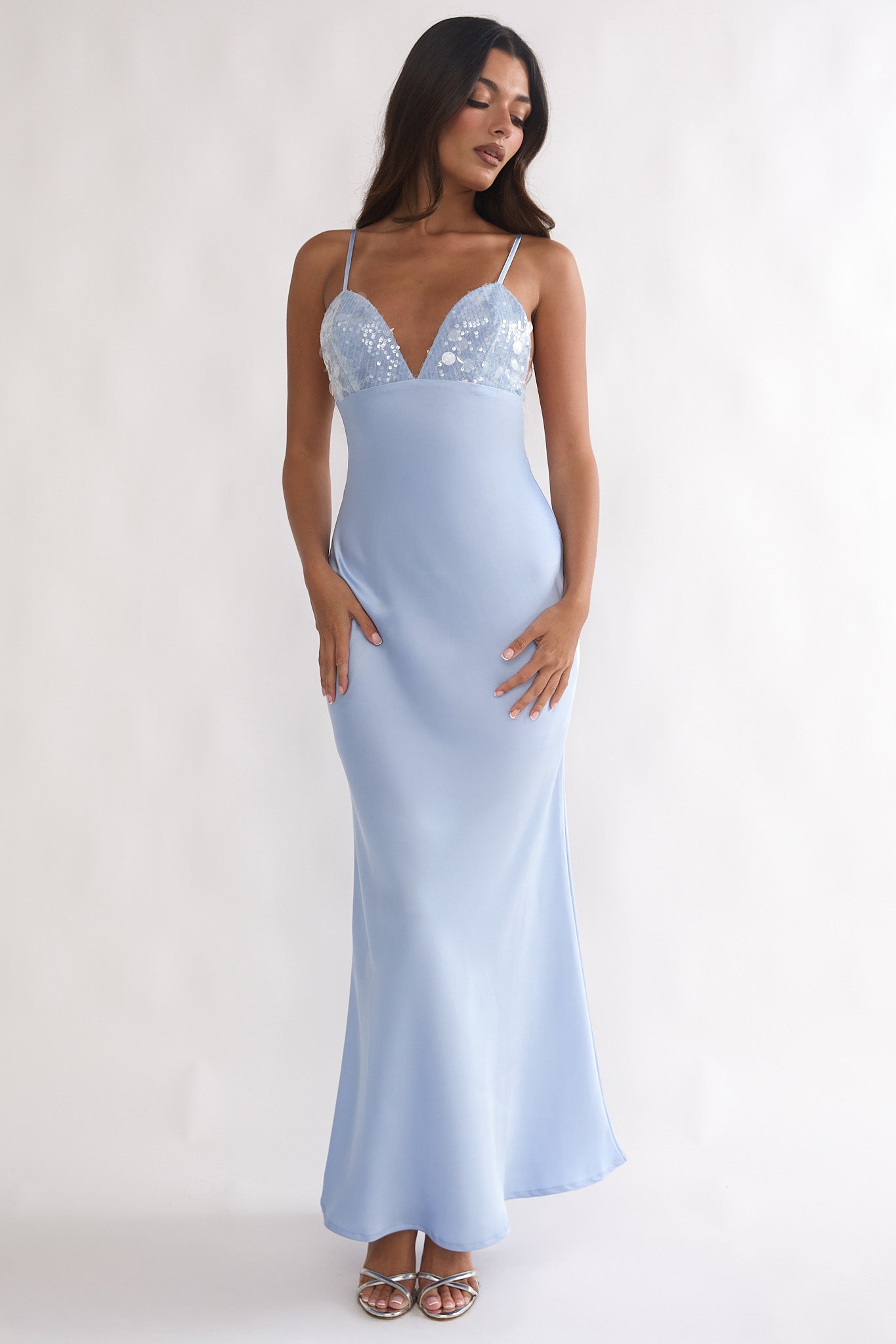 Brynn Sequin Bust Open Back Maxi Dress Blue by Selfie Leslie