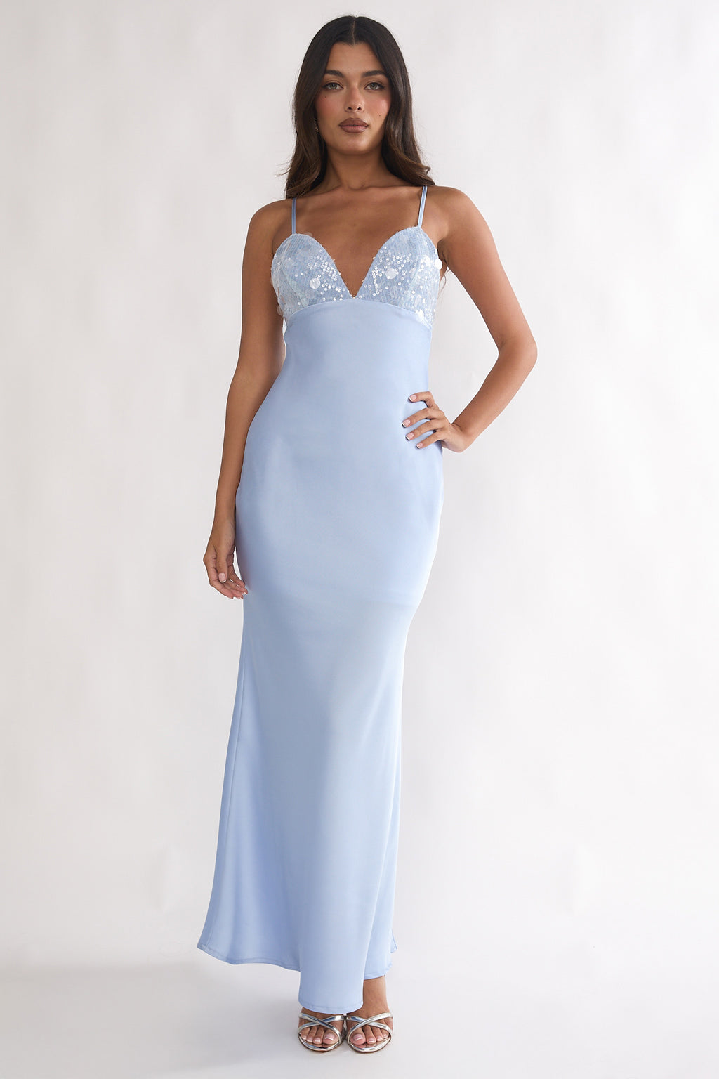 Brynn Sequin Bust Open Back Maxi Dress Blue by Selfie Leslie