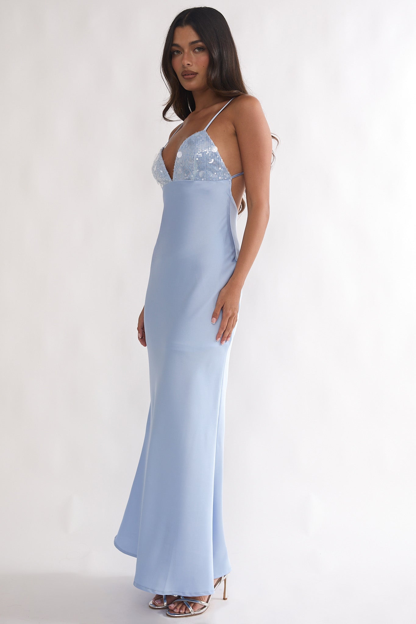 Brynn Sequin Bust Open Back Maxi Dress Blue by Selfie Leslie