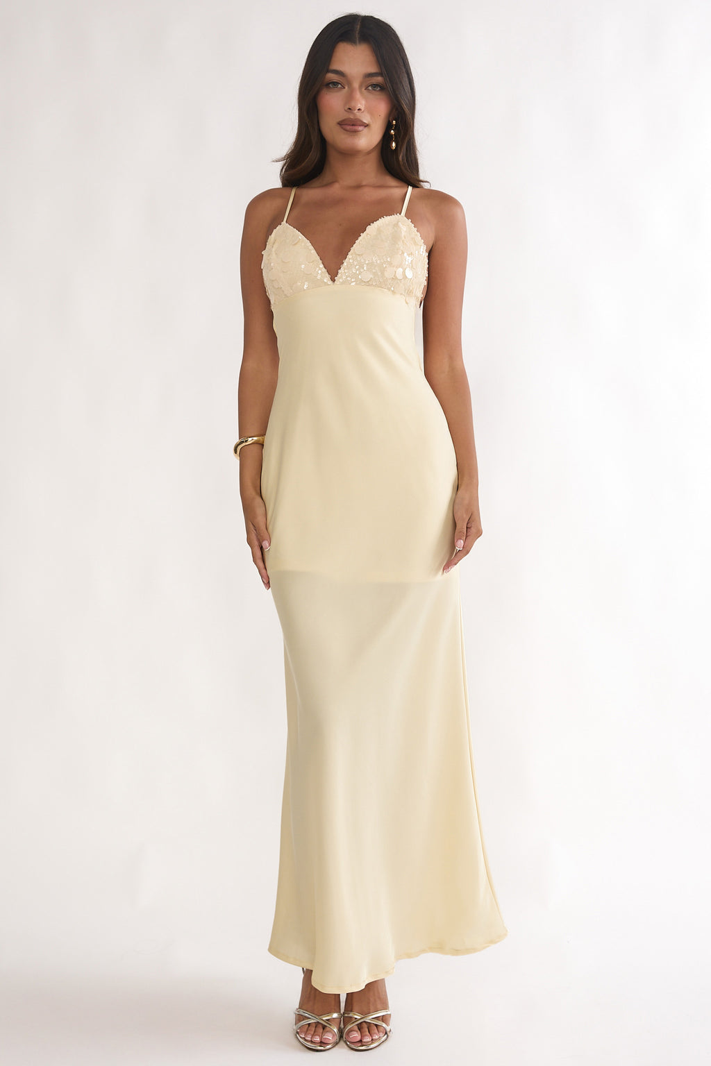 Brynn Sequin Bust Open Back Maxi Dress Butter by Selfie Leslie