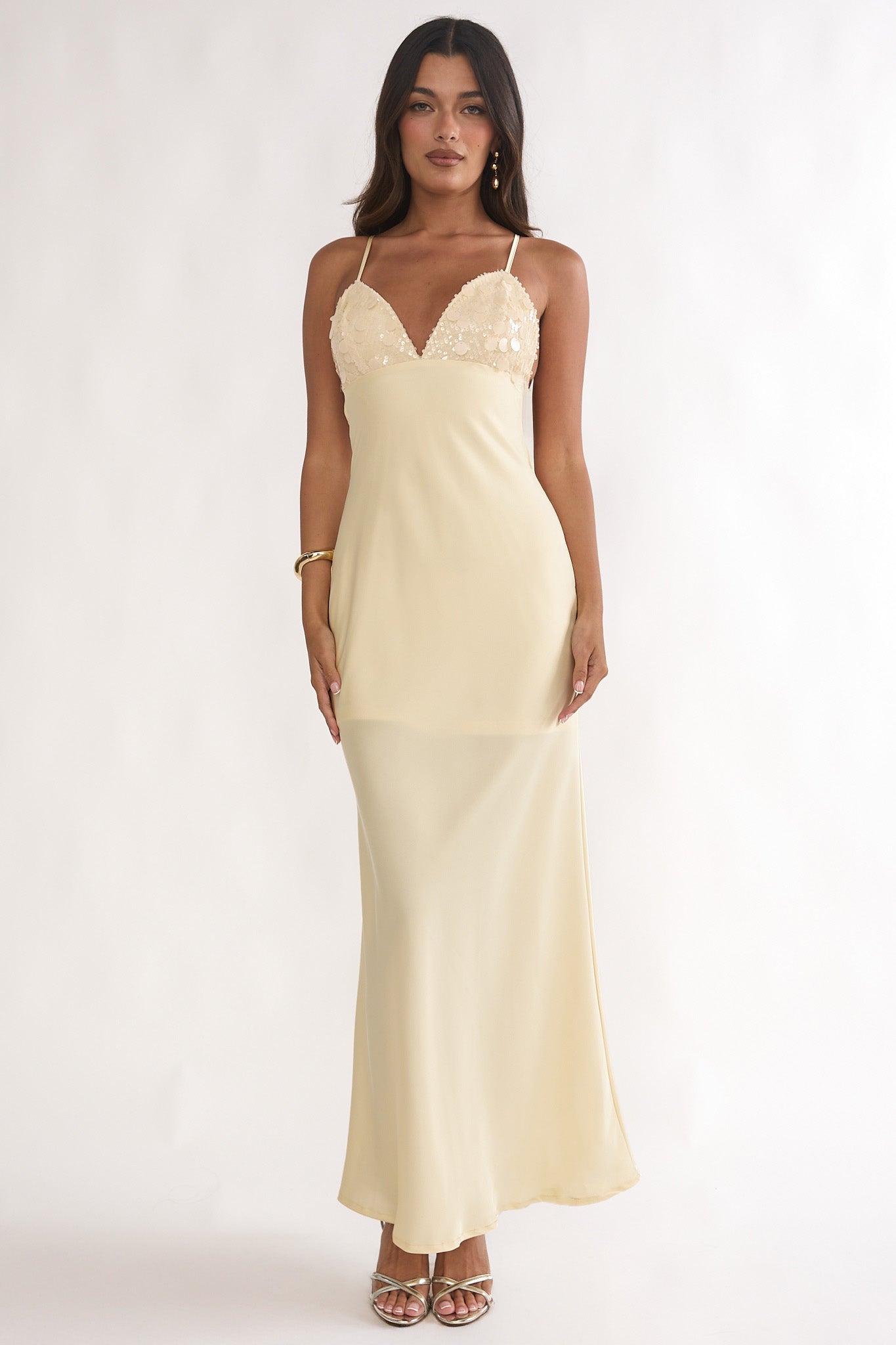 Brynn Sequin Bust Open Back Maxi Dress Butter by Selfie Leslie