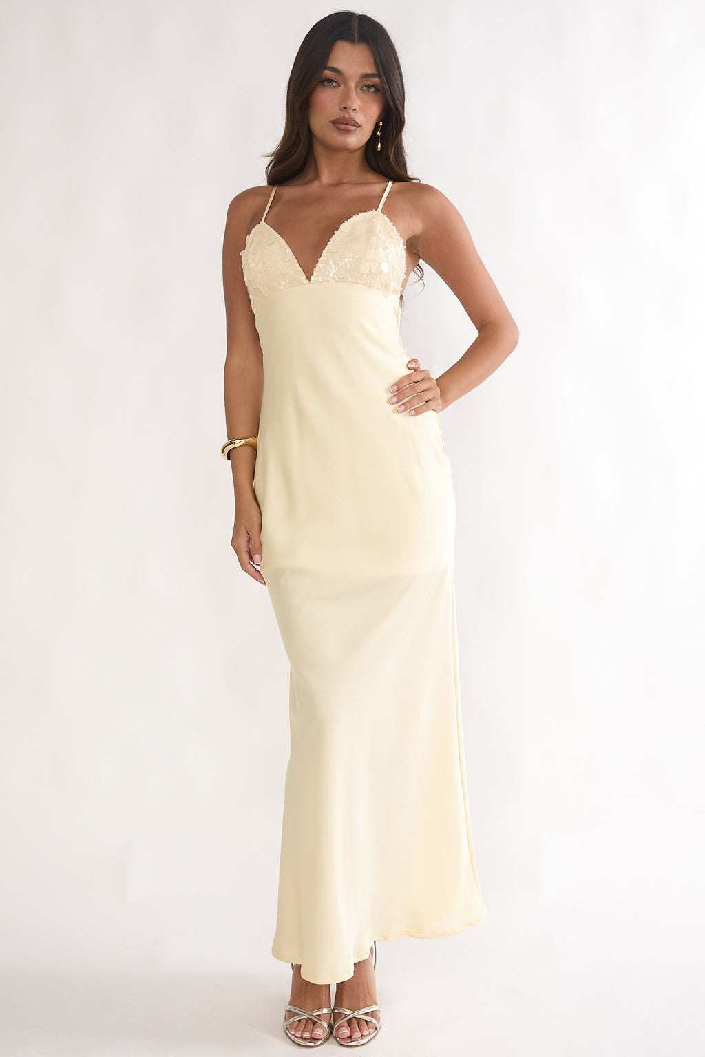 Brynn Sequin Bust Open Back Maxi Dress Butter by Selfie Leslie