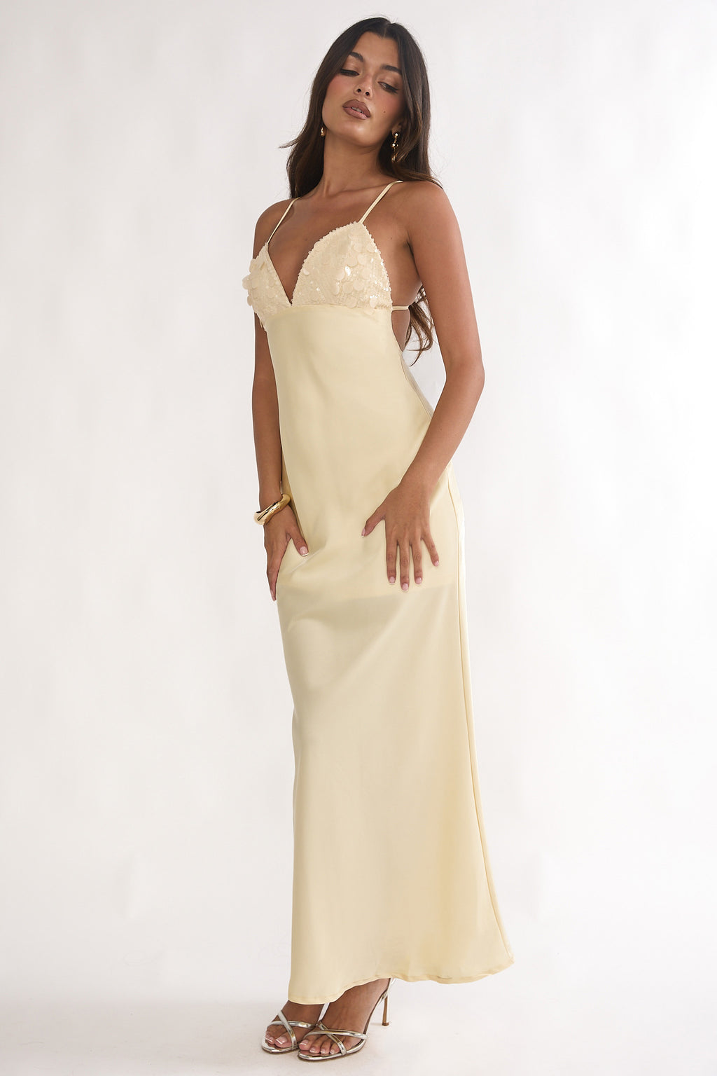 Brynn Sequin Bust Open Back Maxi Dress Butter by Selfie Leslie
