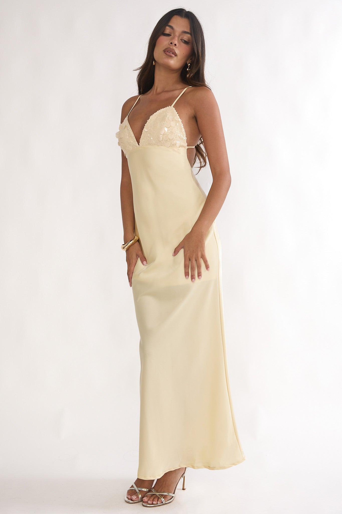 Brynn Sequin Bust Open Back Maxi Dress Butter by Selfie Leslie