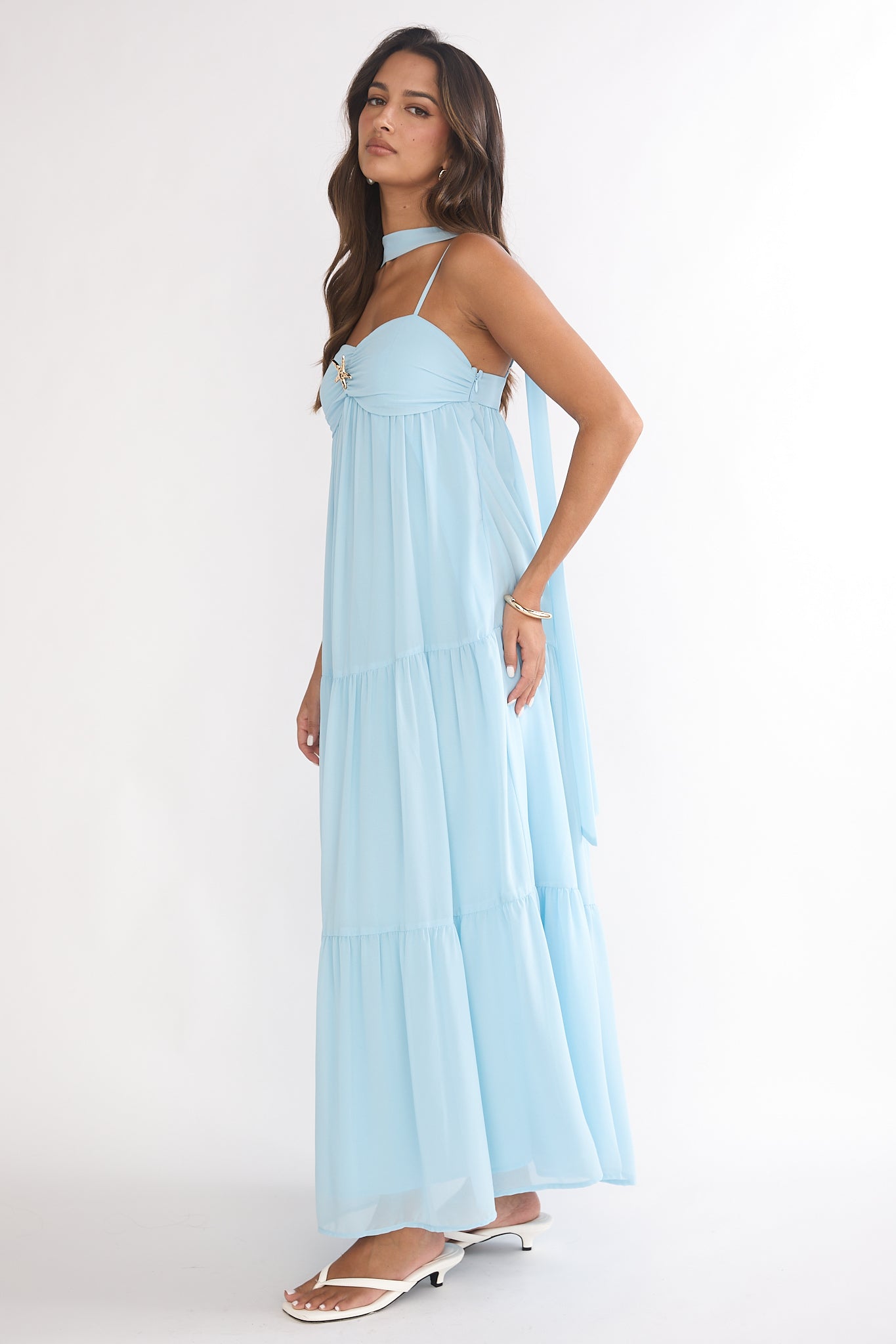 blue bridesmaid dress with scarf Six Stories Women's Plunge Cowl Chiffon Bridesmaid Dress