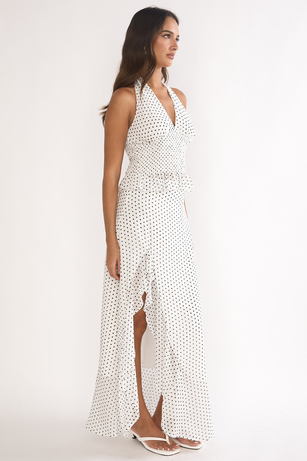 Caliah Ruffle Split Maxi Skirt Polka Dot Ivory by Selfie Leslie
