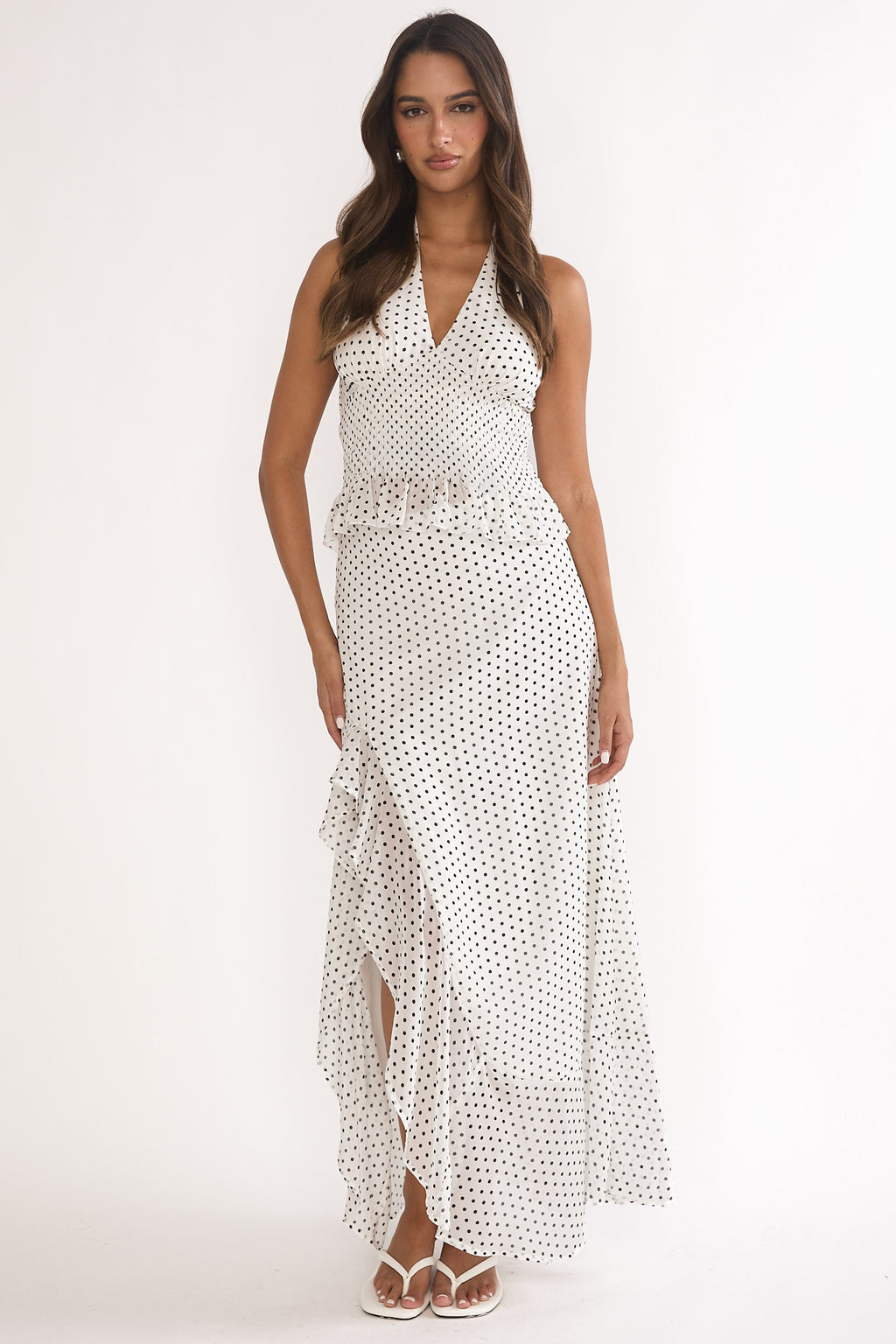 Caliah Ruffle Halter Top Polka Dot Ivory by Selfie Leslie