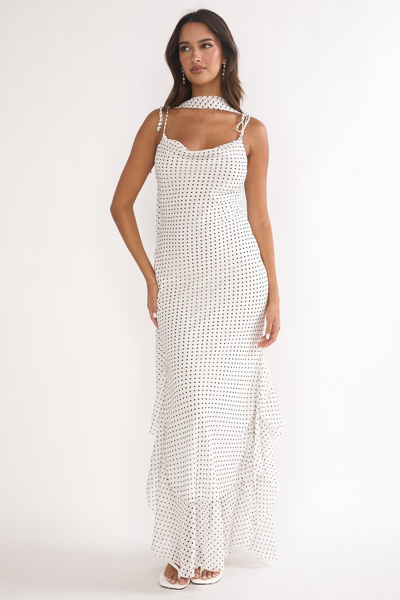 Emmara Tied Shoulder Maxi Dress Polka Dot White - L