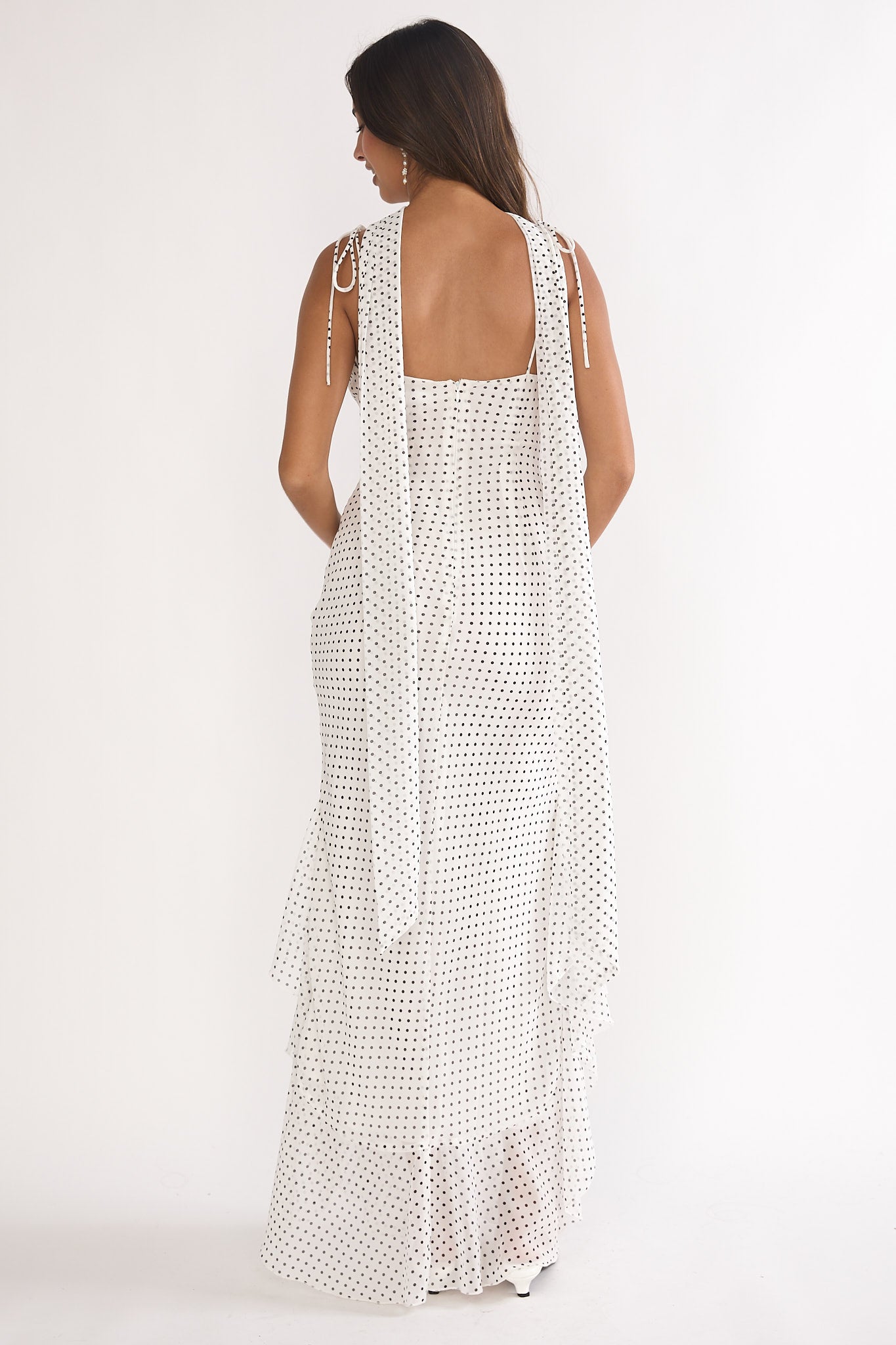 Emmara Tied Shoulder Maxi Dress Polka Dot White by Selfie Leslie