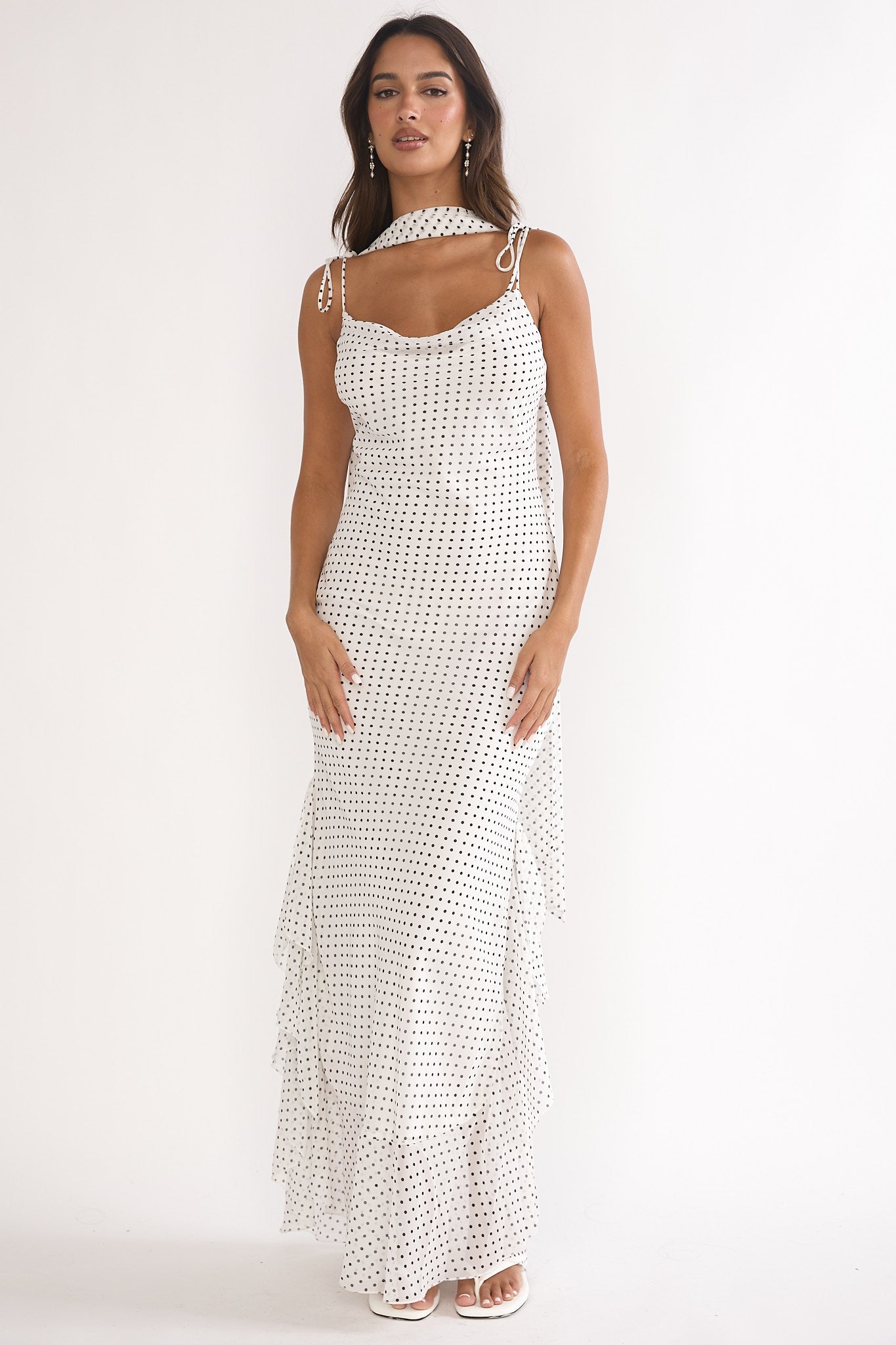 Emmara Tied Shoulder Maxi Dress Polka Dot White by Selfie Leslie
