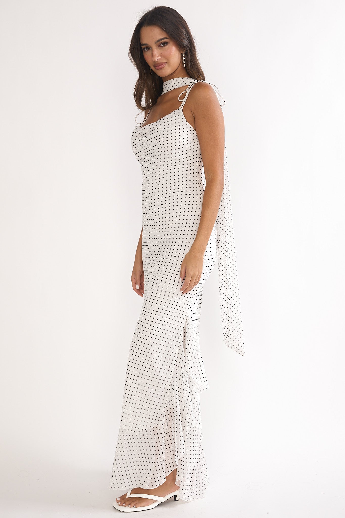 Emmara Tied Shoulder Maxi Dress Polka Dot White by Selfie Leslie
