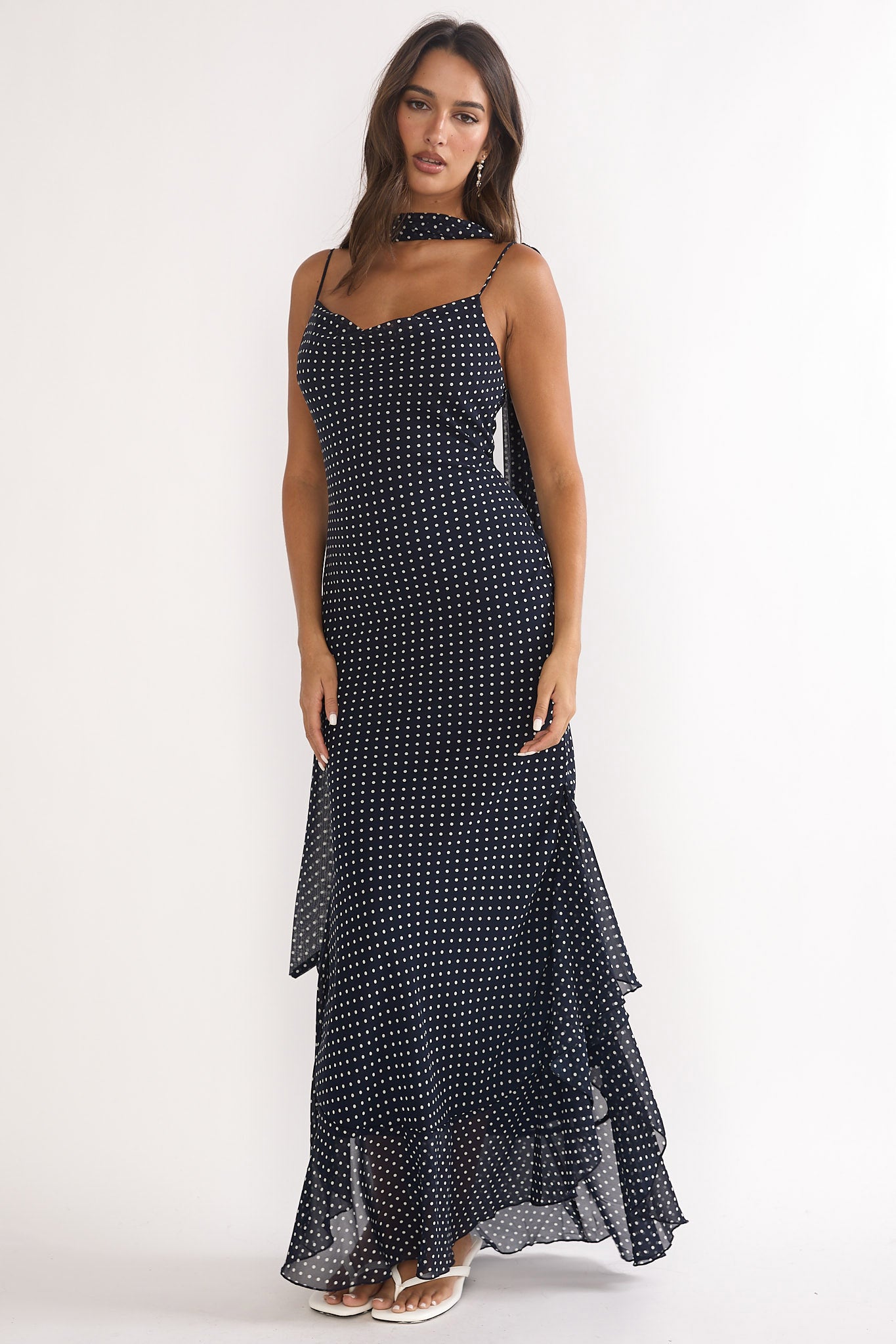 Emmara Tied Shoulder Maxi Dress Polka Dot Navy by Selfie Leslie