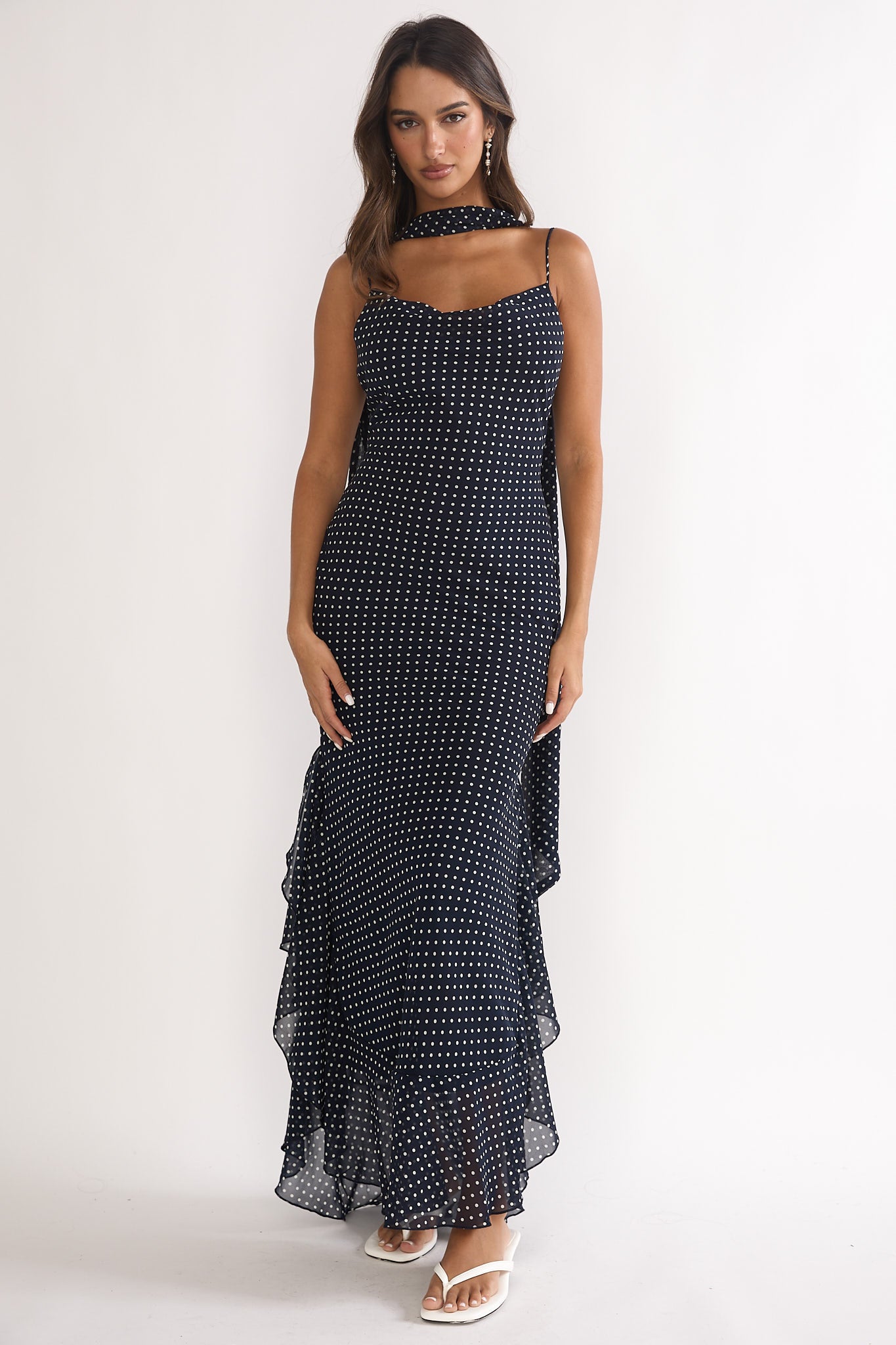 Emmara Tied Shoulder Maxi Dress Polka Dot Navy by Selfie Leslie