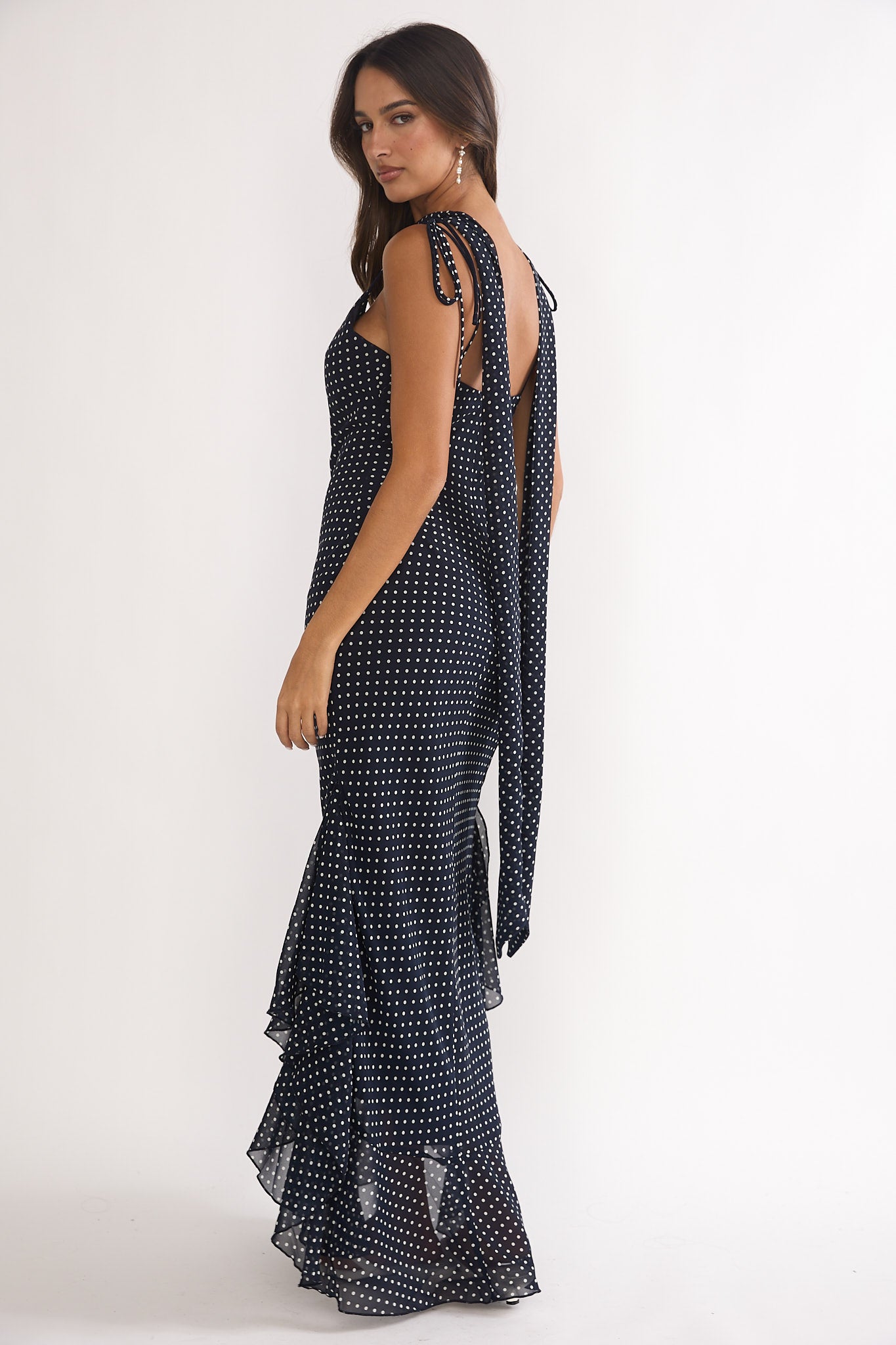 Emmara Tied Shoulder Maxi Dress Polka Dot Navy by Selfie Leslie