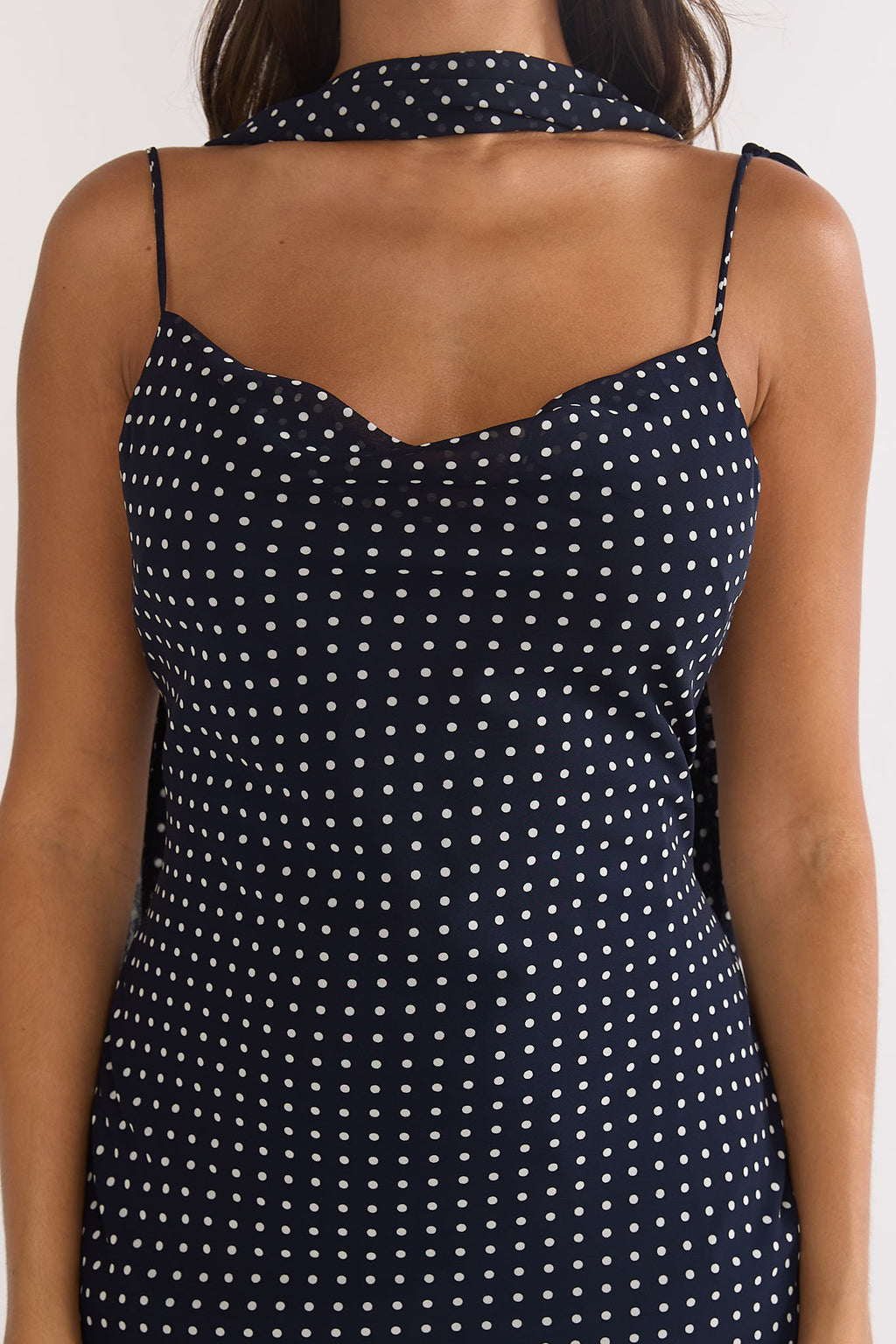 Emmara Tied Shoulder Maxi Dress Polka Dot Navy by Selfie Leslie
