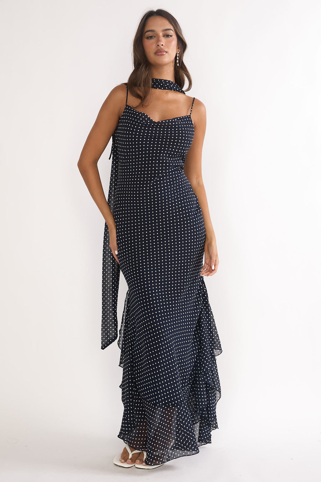Emmara Tied Shoulder Maxi Dress Polka Dot Navy by Selfie Leslie