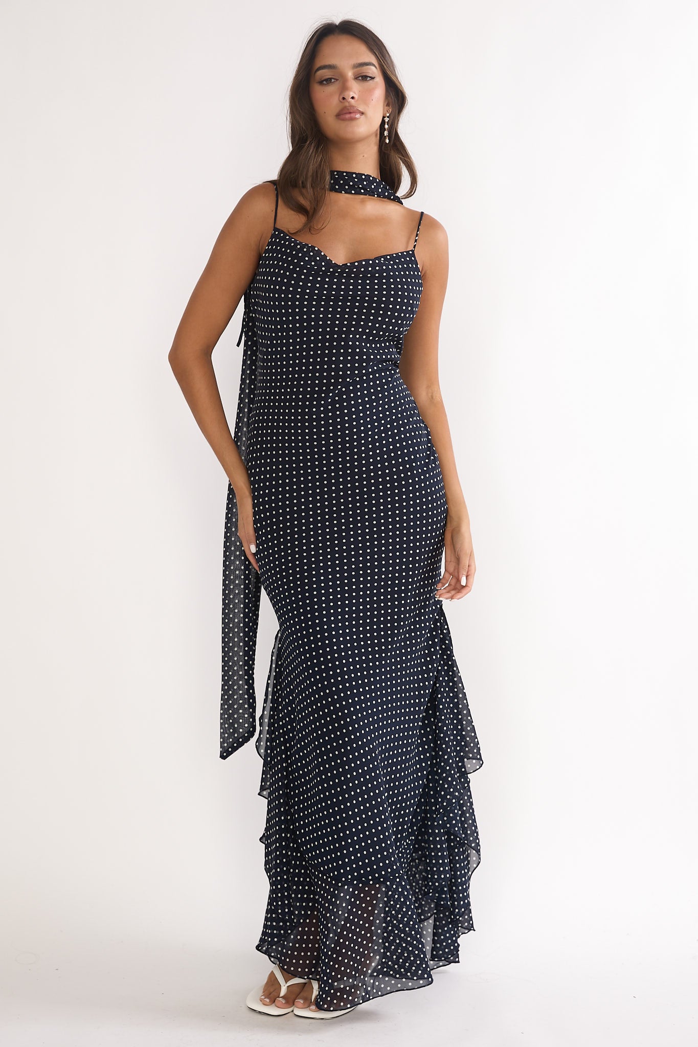 Emmara Tied Shoulder Maxi Dress Polka Dot Navy by Selfie Leslie