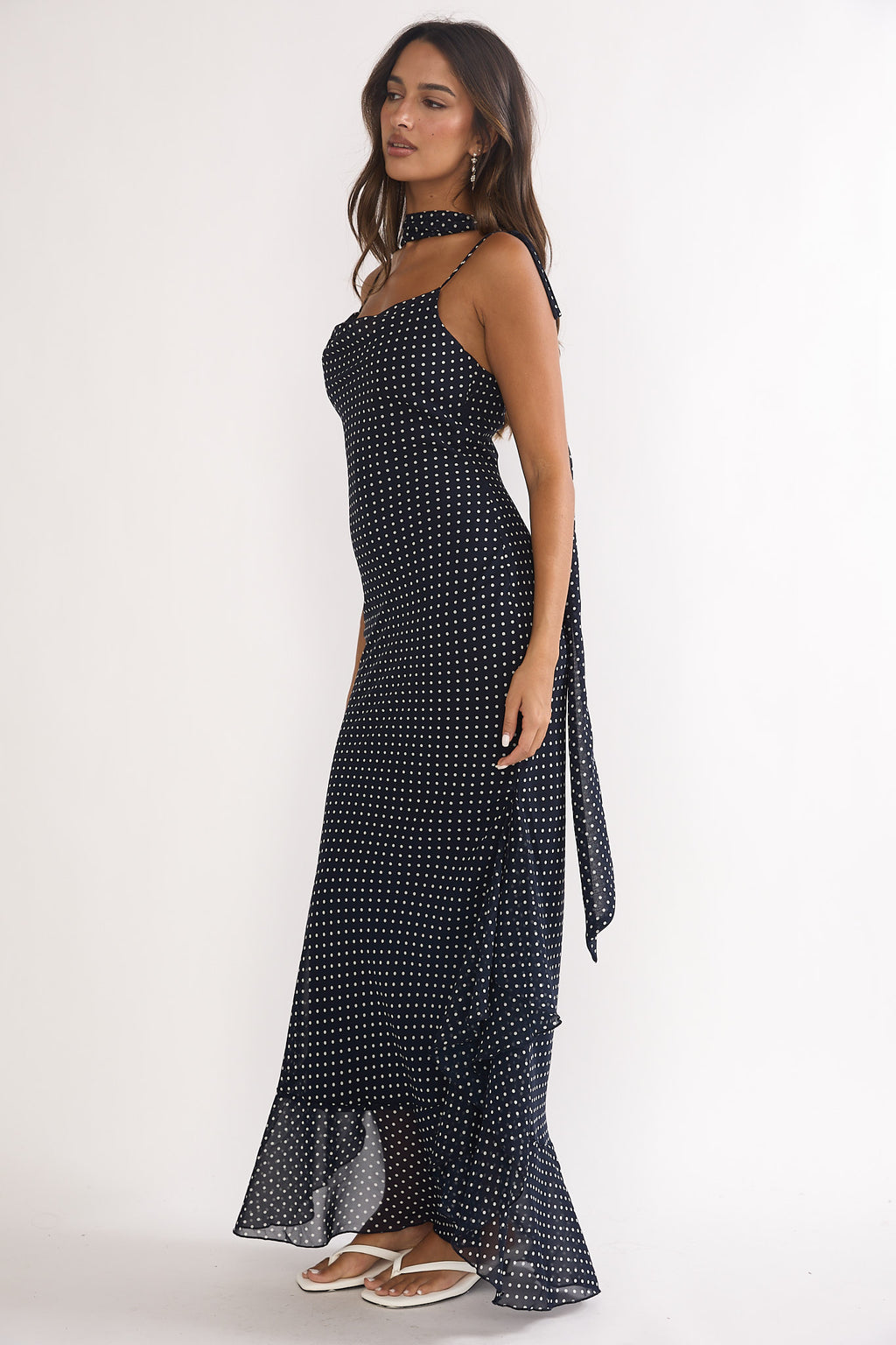 Emmara Tied Shoulder Maxi Dress Polka Dot Navy by Selfie Leslie