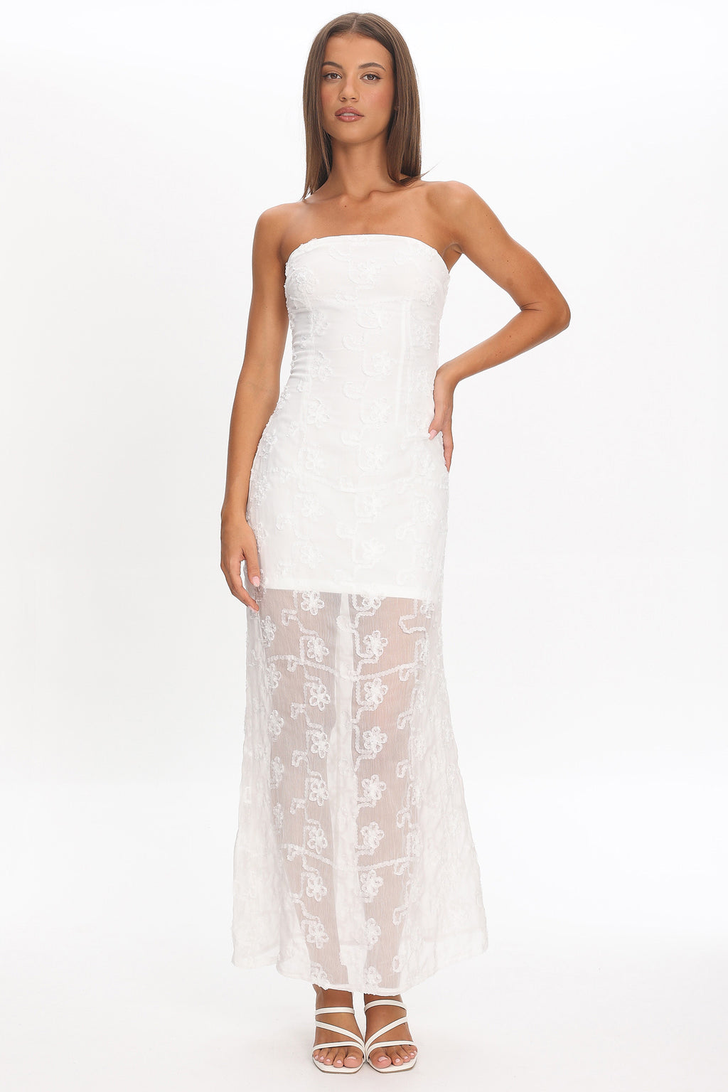 Arlise Strapless Lace Maxi Dress White by Selfie Leslie