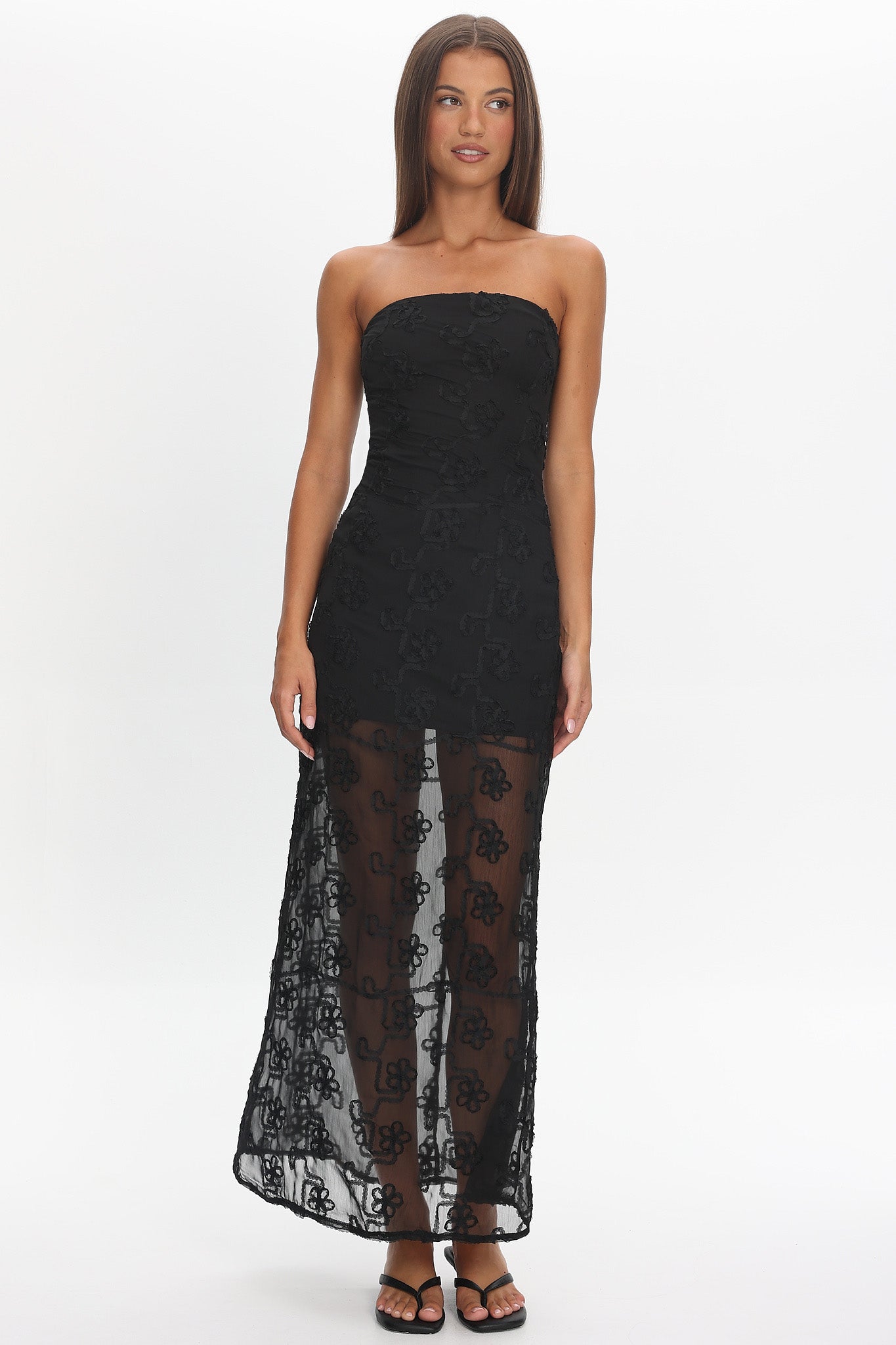 black lace tube dress Arlise Strapless Lace Maxi Dress Black