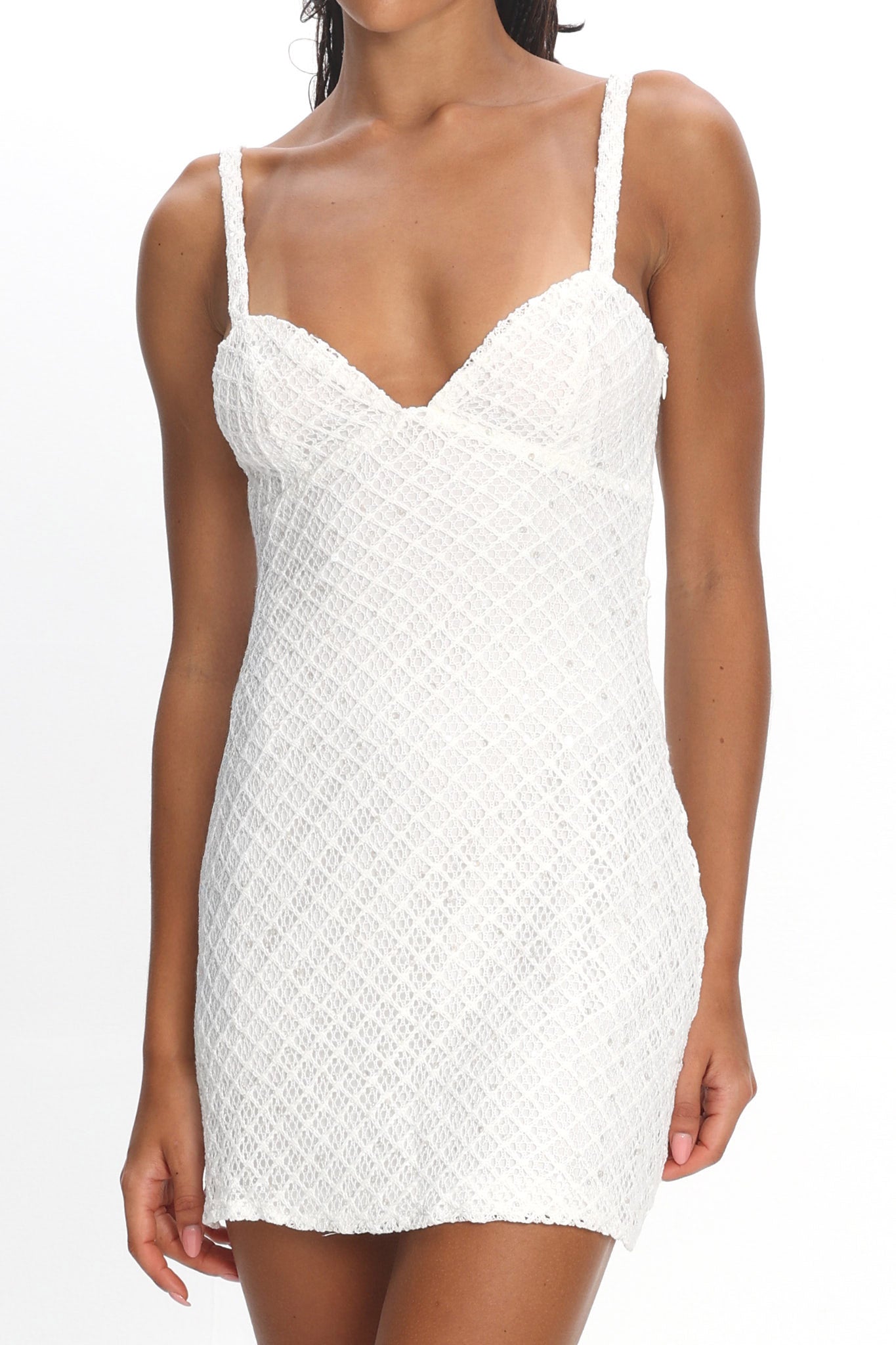 white crochet mini dress Honduras Crochet Knit Mini Dress Sequin Off White