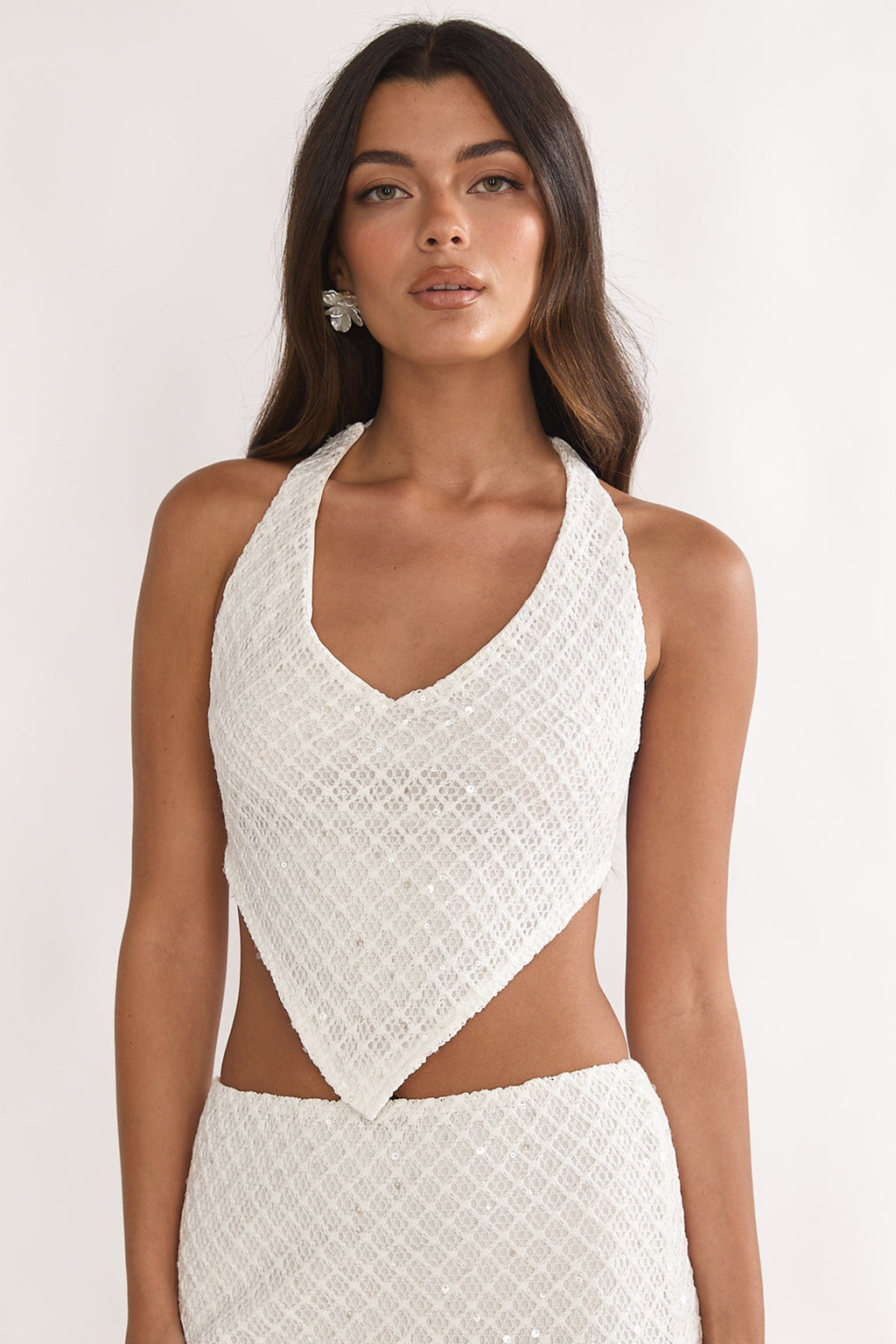 Palaya Crochet Knit Halter Top Sequin Cream by Selfie Leslie