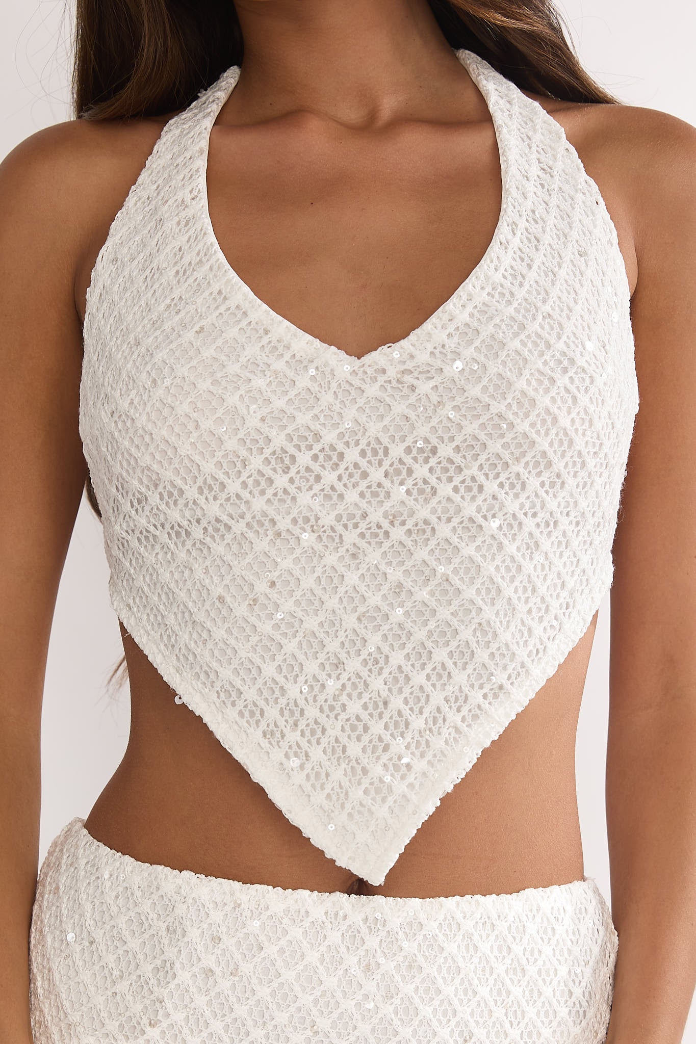 Palaya Crochet Knit Halter Top Sequin Cream by Selfie Leslie