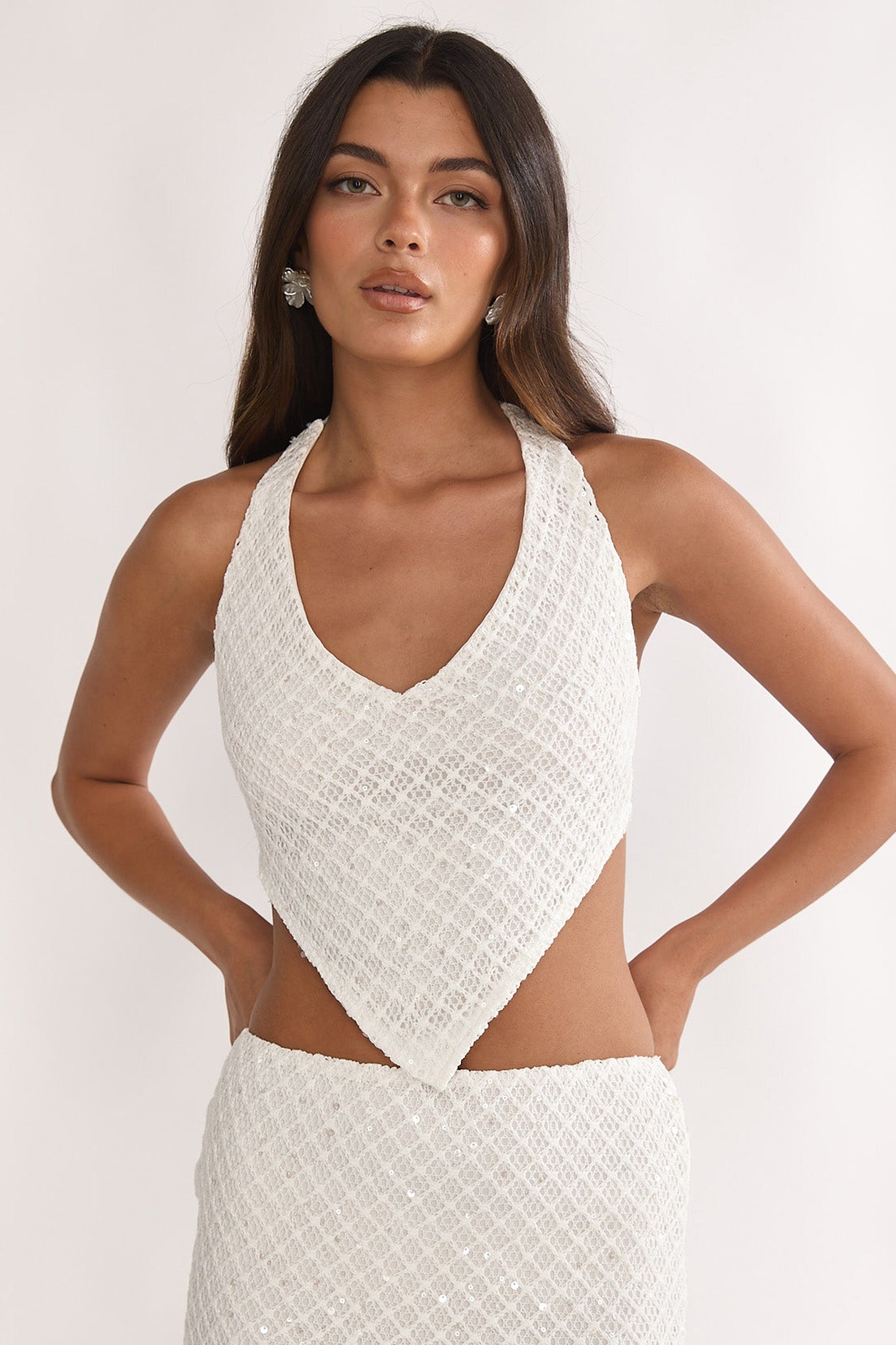Palaya Crochet Knit Halter Top Sequin Cream by Selfie Leslie