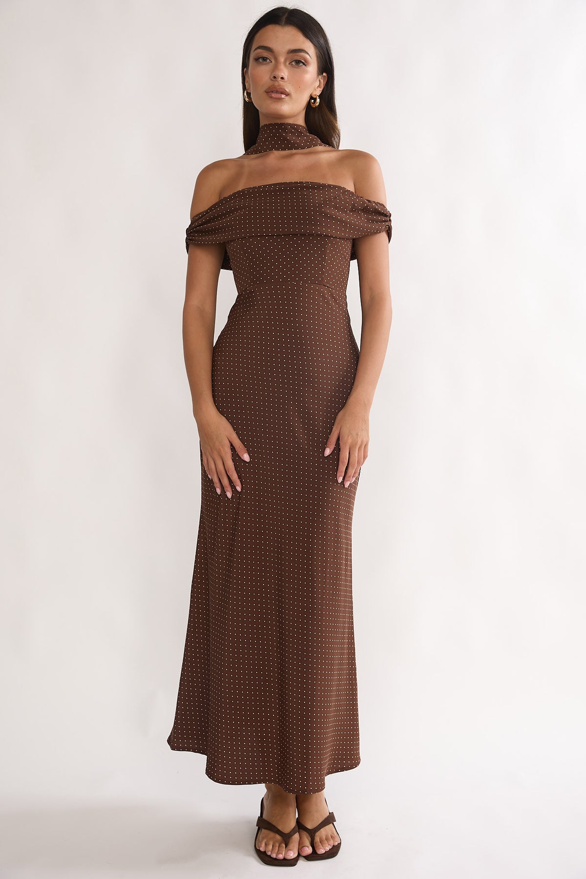 polka dot off shoulder dress Alissa Off-Shoulder Maxi Chocolate Lime Polka Dot Dress Gender-Womens Size:Small (US 0-4) garden parties