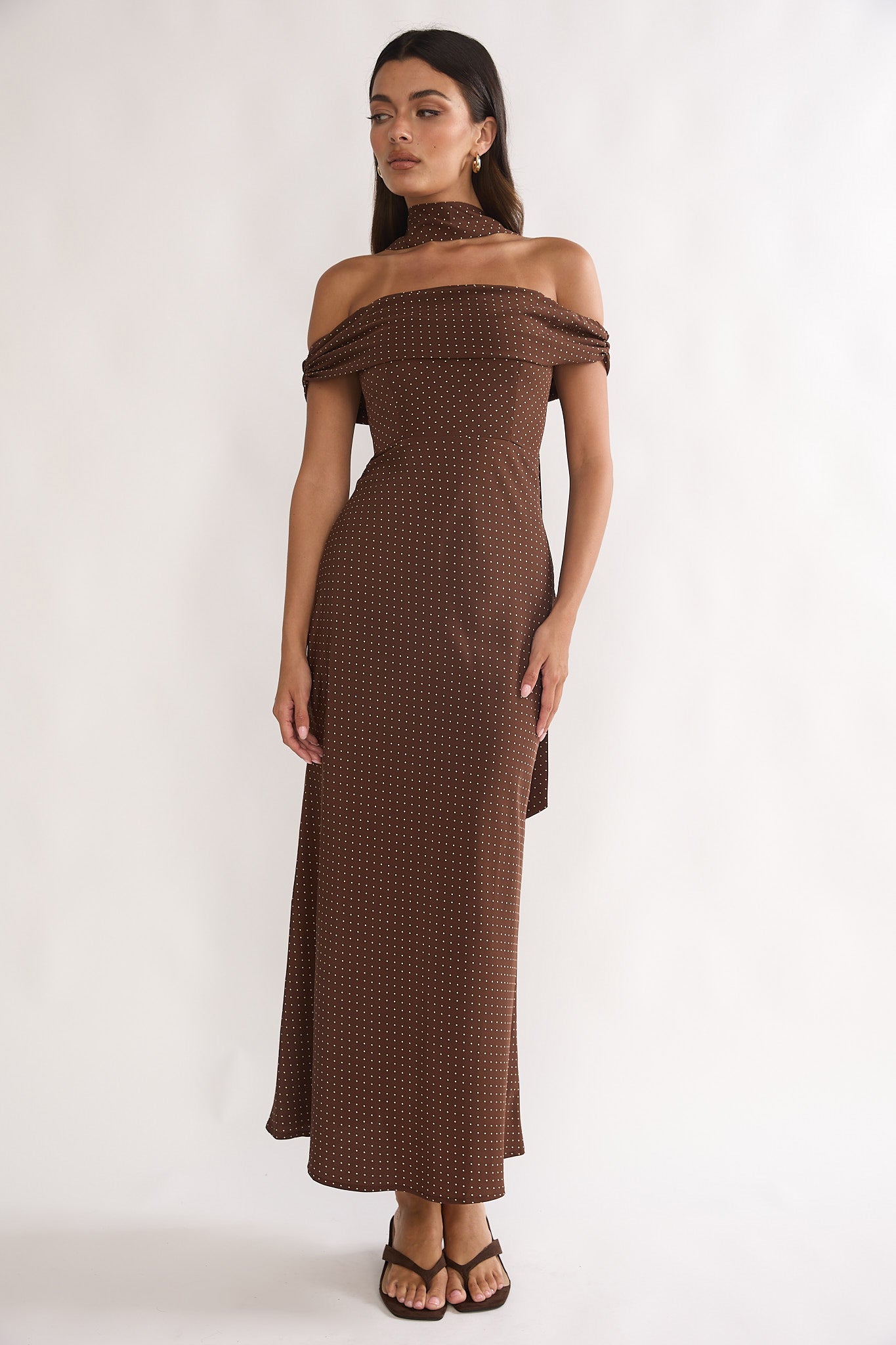 Alissa Off-Shoulder Maxi Dress Polka Dot Chocolate Alissa Off-Shoulder Maxi Dress Polka Dot Chocolate