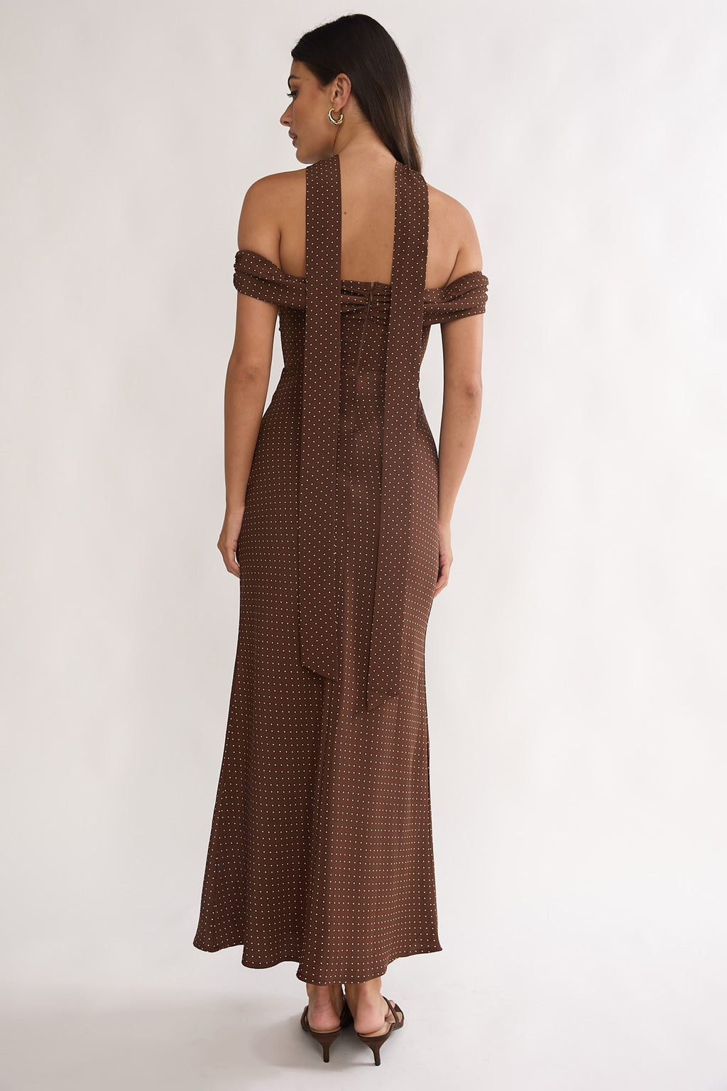 Alissa Off-Shoulder Maxi Dress Polka Dot Chocolate