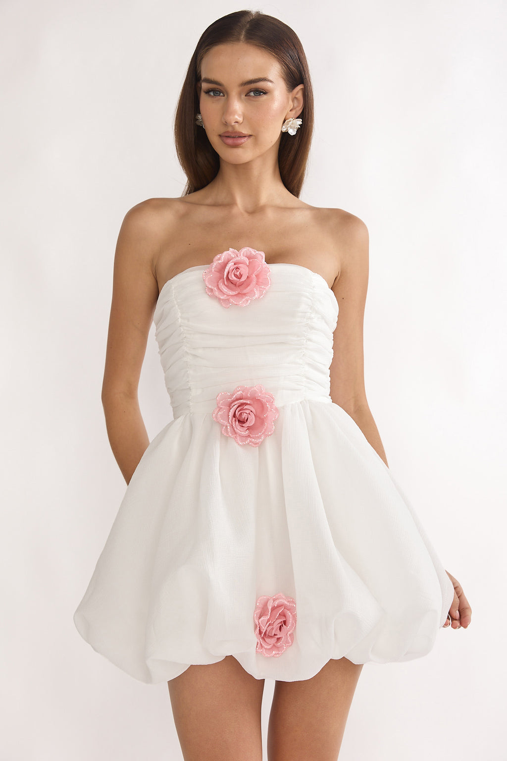 Cassandrae Rosette Strapless Mini Dress White by Selfie Leslie