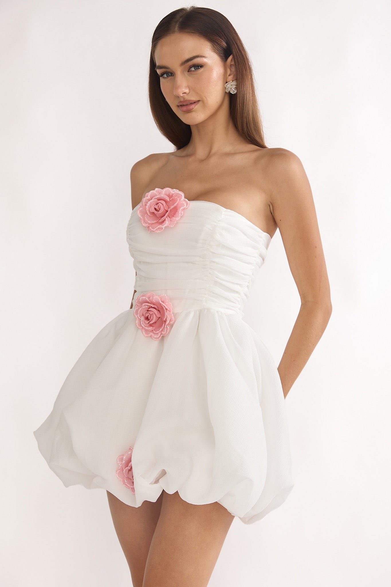 Cassandrae Rosette Strapless Mini Dress White by Selfie Leslie