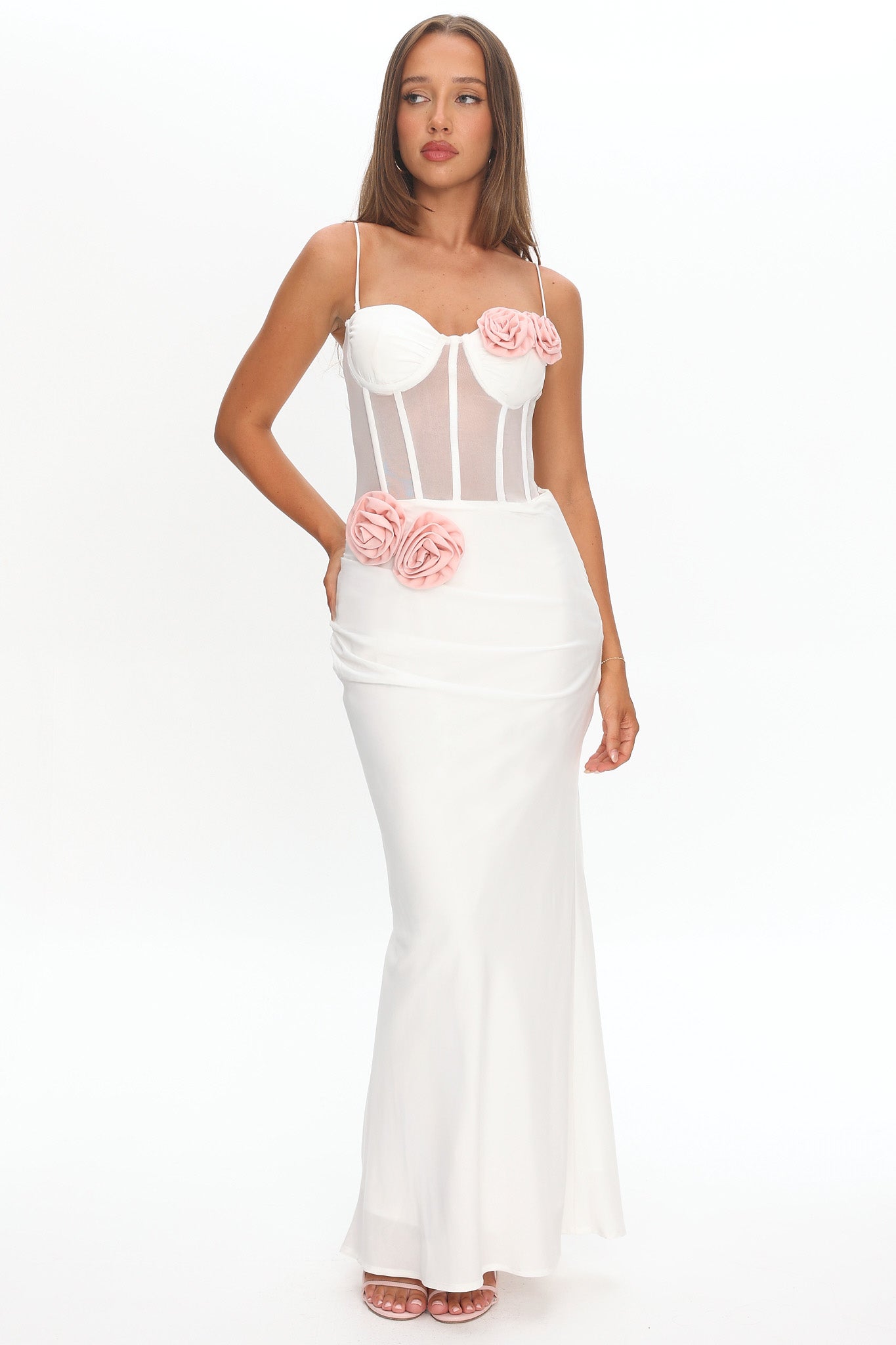Ismera Sheer Bodice Rosette Maxi Dress White | Selfie Leslie