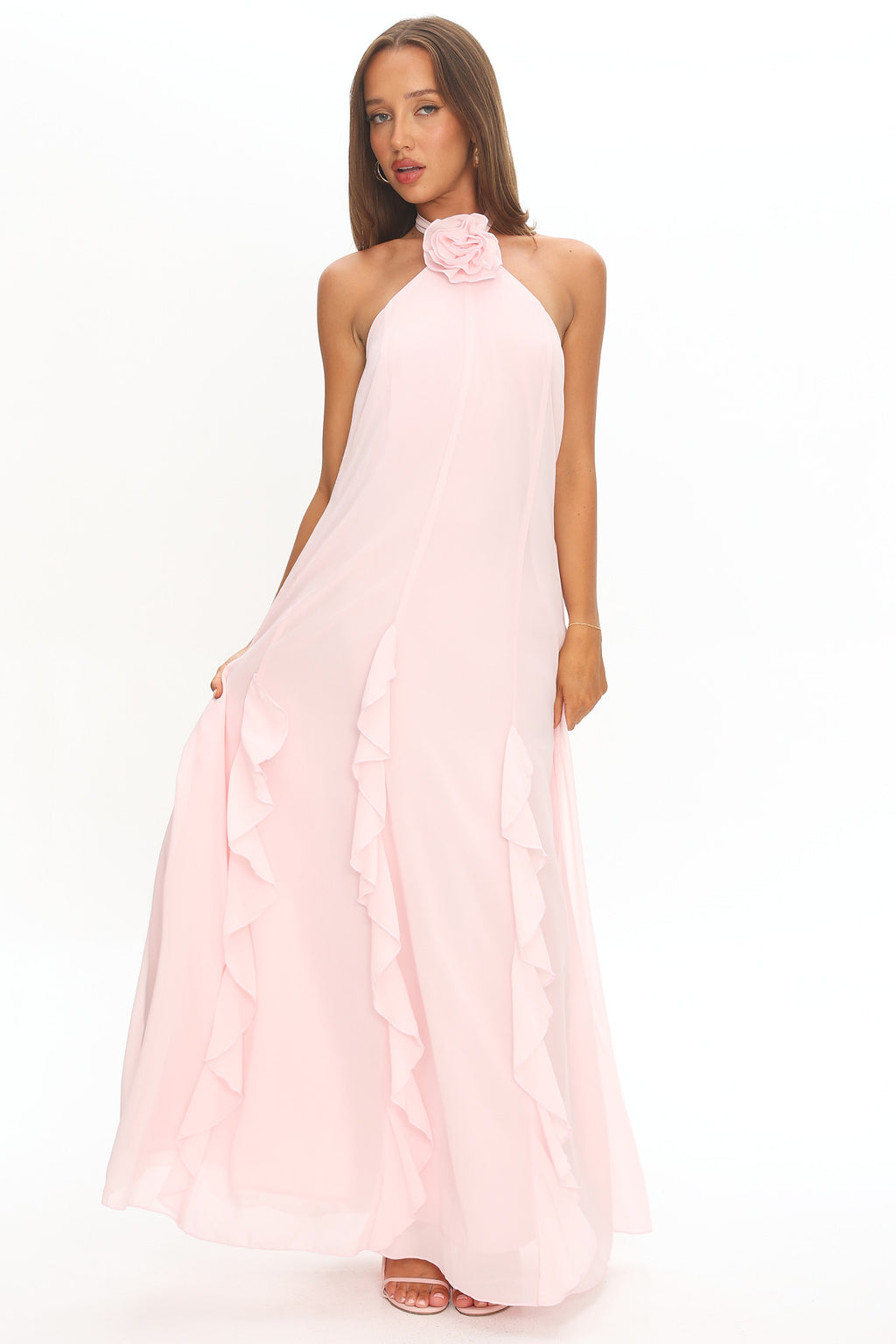 Lecce Halterneck Ruffle Trim Maxi Dress Blush by Selfie Leslie