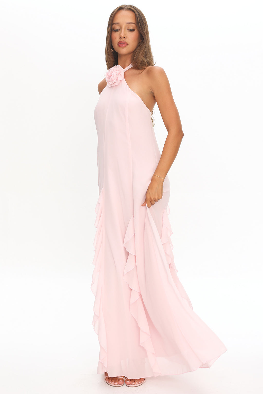 Lecce Halterneck Ruffle Trim Maxi Dress Blush by Selfie Leslie