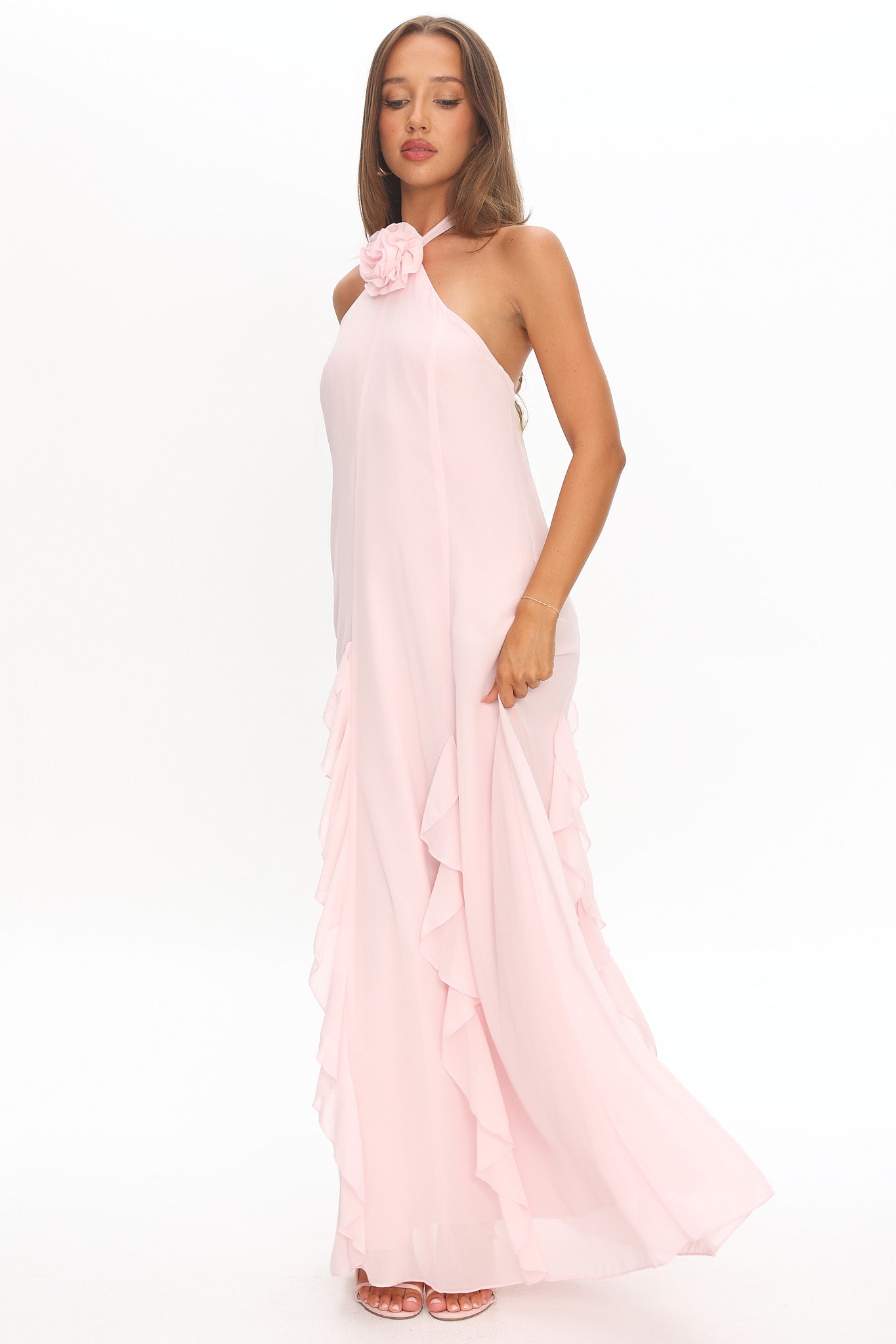 Lecce Halterneck Ruffle Trim Maxi Dress Blush by Selfie Leslie