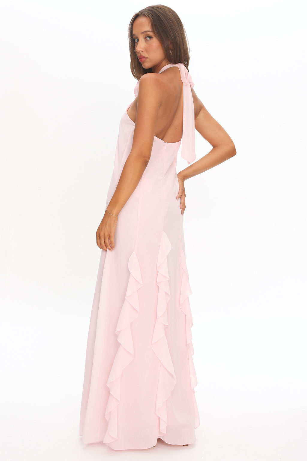 Lecce Halterneck Ruffle Trim Maxi Dress Blush by Selfie Leslie