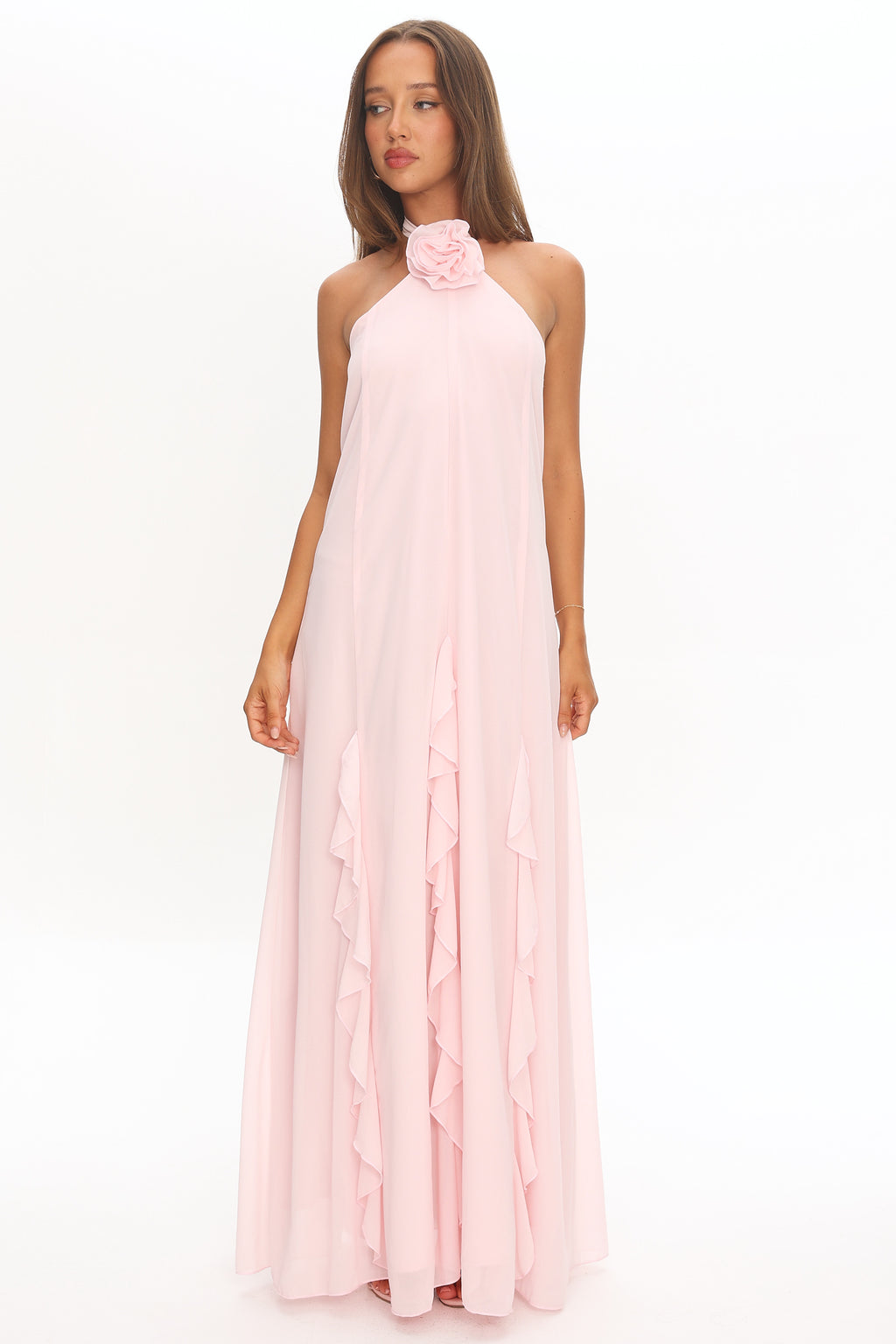 Lecce Halterneck Ruffle Trim Maxi Dress Blush by Selfie Leslie