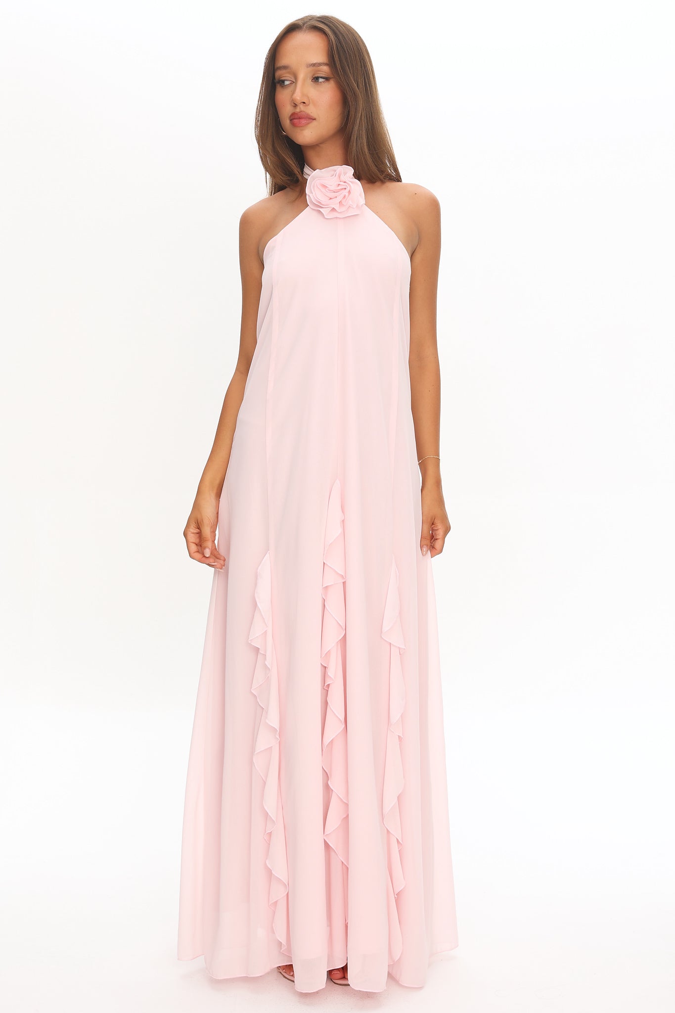 Lecce Halterneck Ruffle Trim Maxi Dress Blush by Selfie Leslie