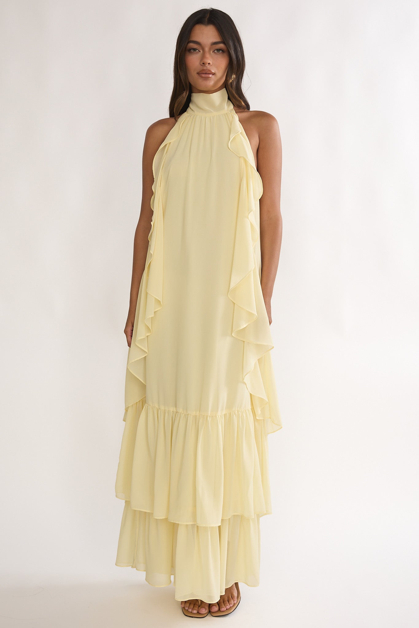 Lorina Layered Ruffle Halterneck Maxi Dress Butter | Selfie Leslie