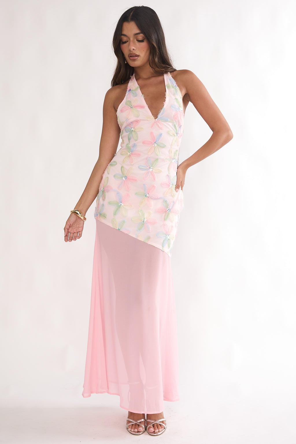 Arles Halterneck Sequin Embellished Maxi Dress Pink by Selfie Leslie
