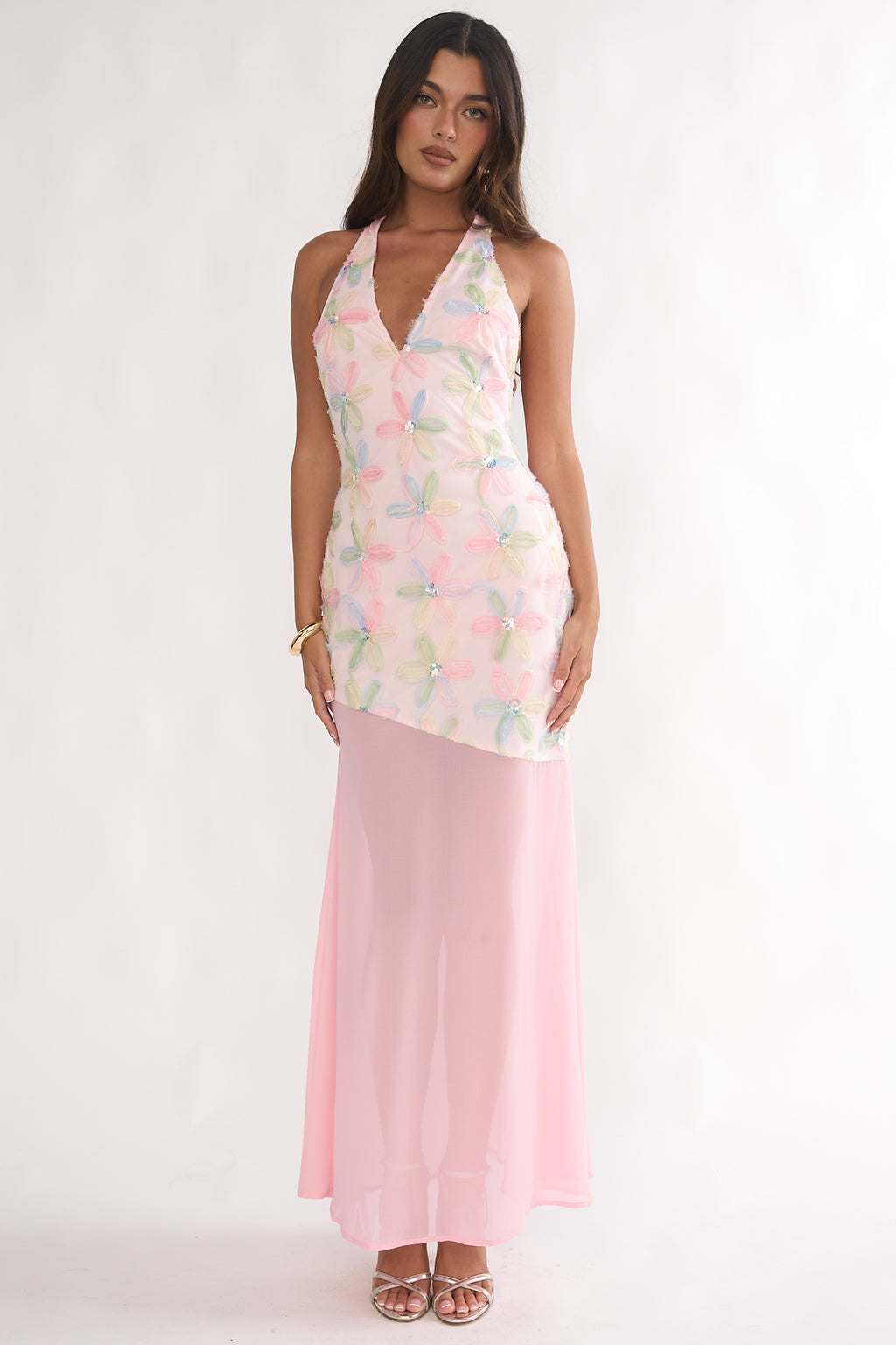 Arles Halterneck Sequin Embellished Maxi Dress Pink by Selfie Leslie