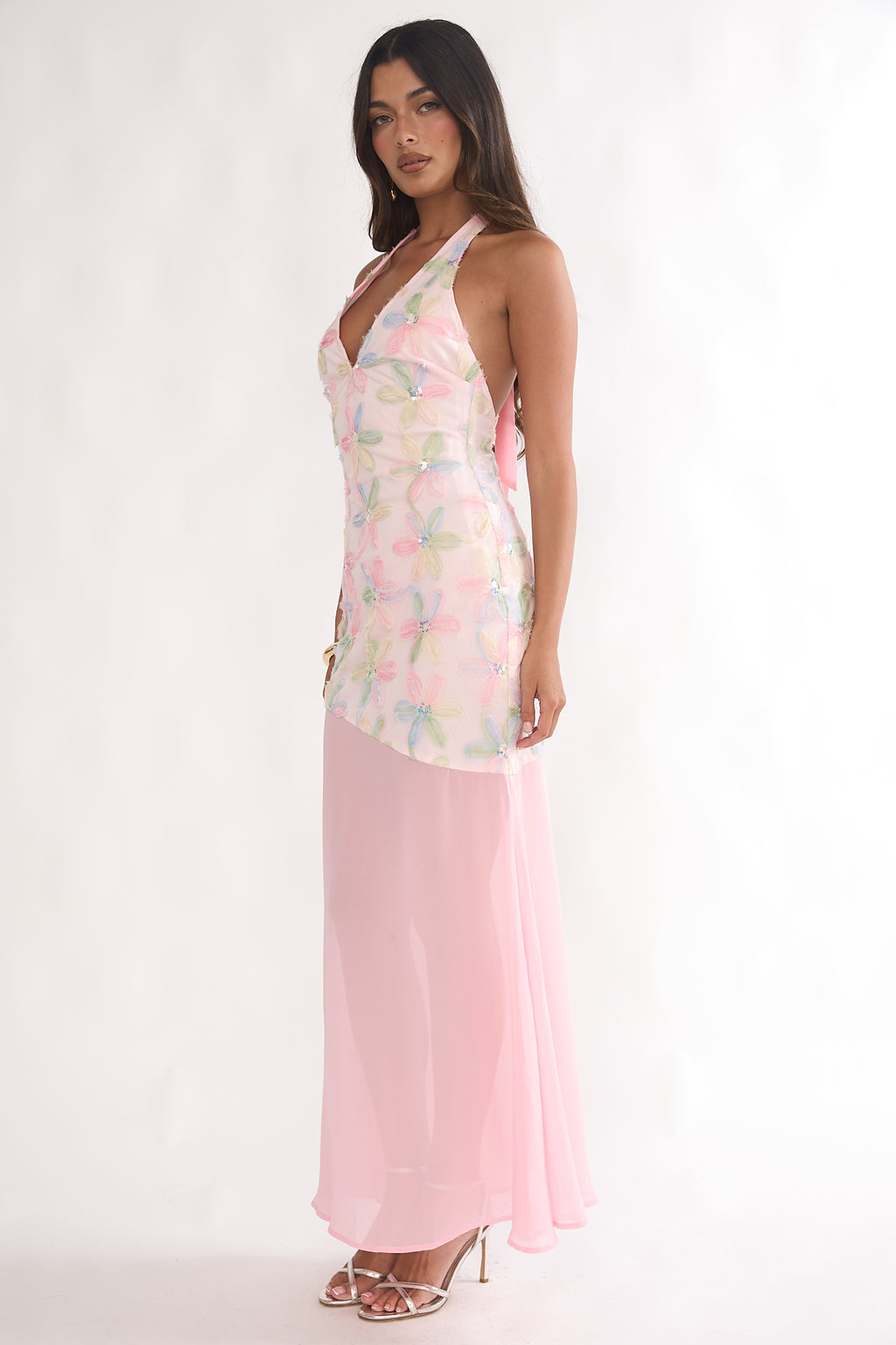 Arles Halterneck Sequin Embellished Maxi Dress Pink by Selfie Leslie